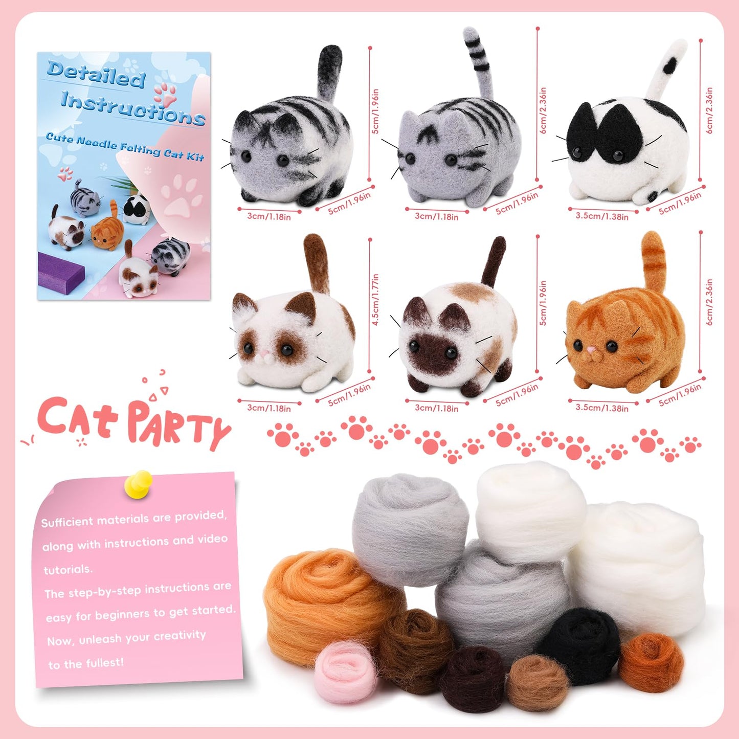 Needle Felting Beginners Kit with Box,Needles Felting Supplies with 24Pcs Felting Needles,Felting Pad,Wool Roving,DIY Needle Felting Cat Dolls