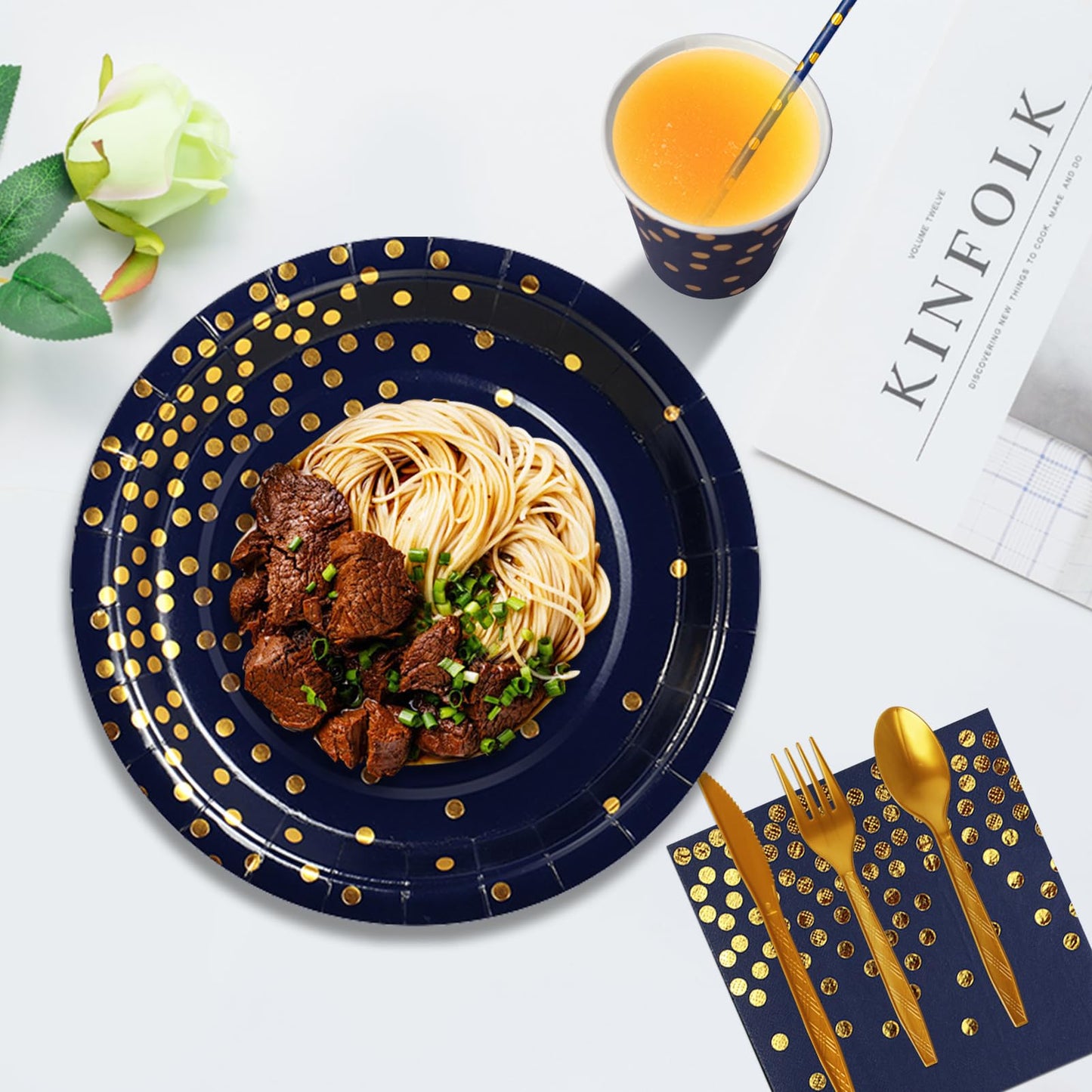 Nkaiso Paper Plates and Napkins Set, 193 Pieces Navy Blue Gold Party Supplies Includes Paper Plates Cups Napkins Straws and Cutlery for Birthday Wedding Holidays Parties Decorations-24 Guests
