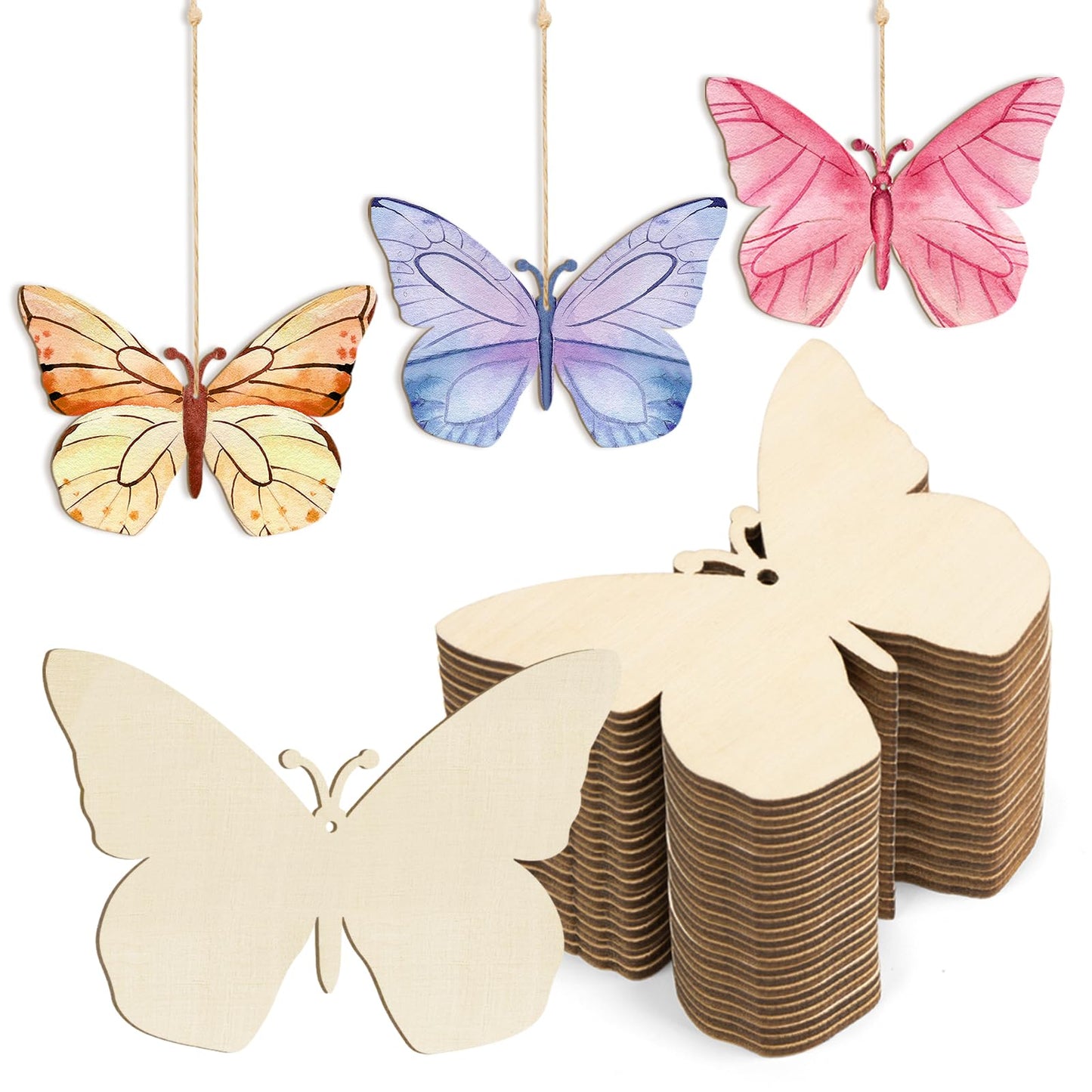 Wooden Butterfly Ornaments to Paint Spring Decoration Cutouts Unfinished 24PCS 3.5 x 3 inches, DIY Blank Unfinished Wood Discs Ornament for Home Crafts Hanging Easter St. Patrick Day Decoration