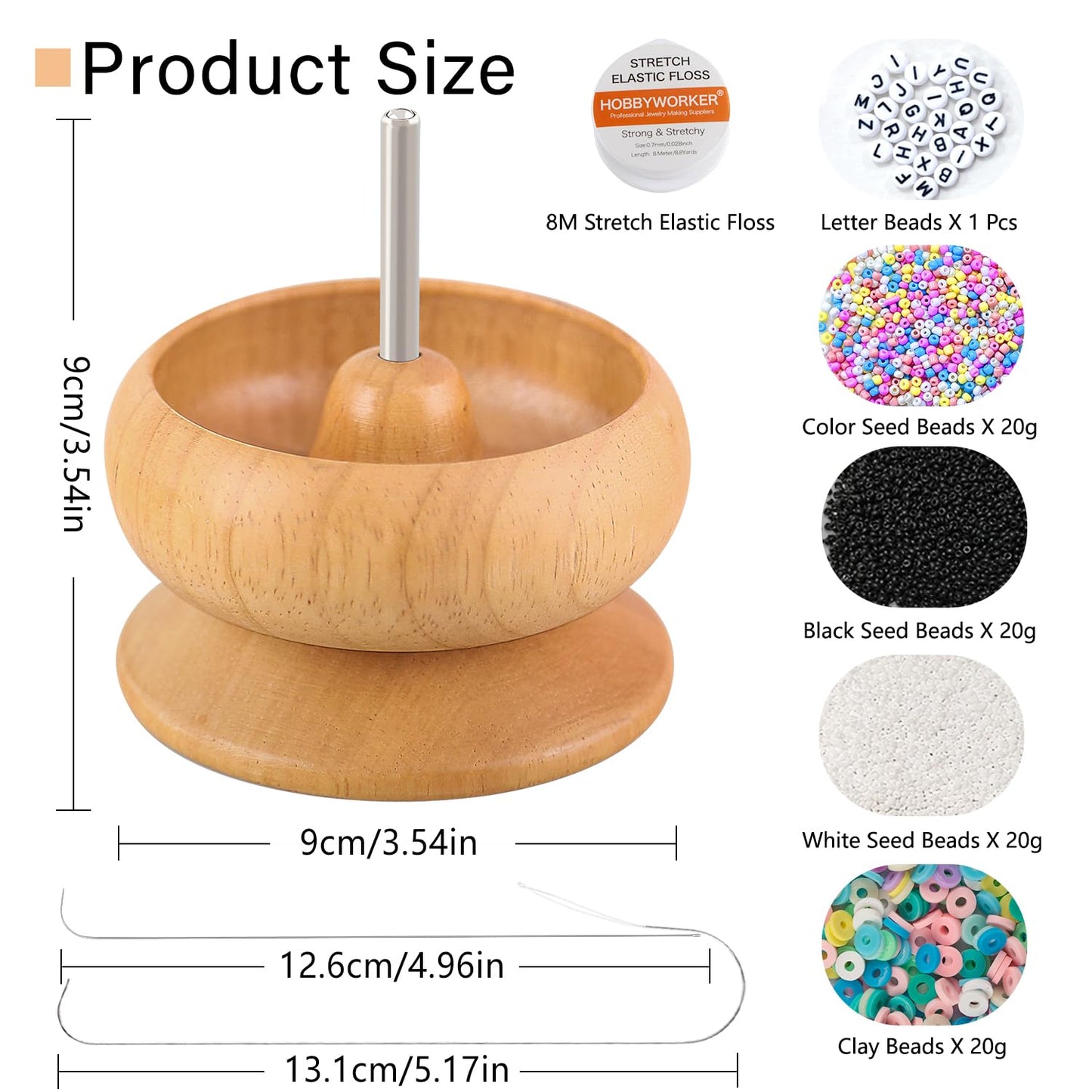 hobbyworker The Upgrade Version Wooden Bead Spinner with 2 Pcs Big Needles,8000 Pcs Seed Beads and 1 Surprise Gift Pack for Jewelry Making Tools,Quickly Stringing Beads Tool