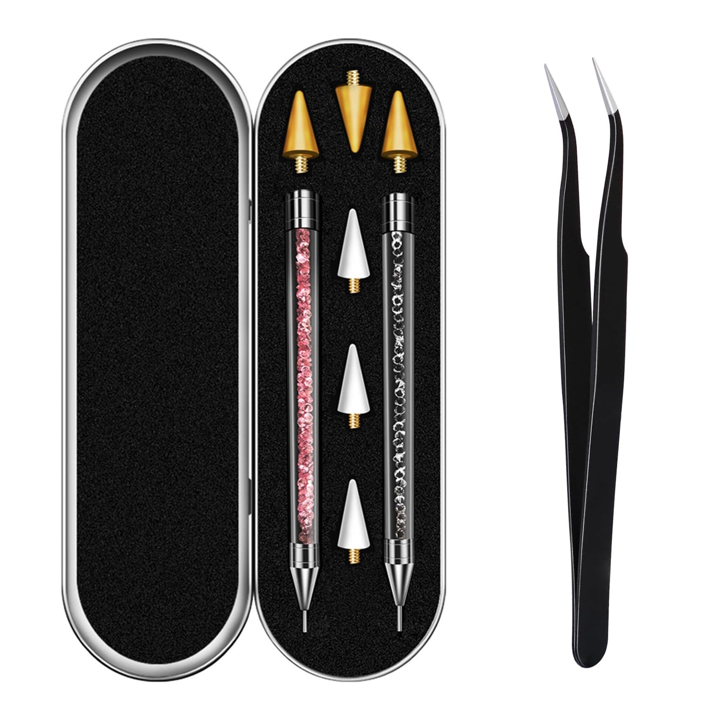 Vikerer Rhinestone Picker Tool, Dual-ended Rhinestones Applicator Nail Art Design Tool, 2 Pack Acrylic Handle Nail Pen with 4 Extra Wax Tips and1 Tweezer
