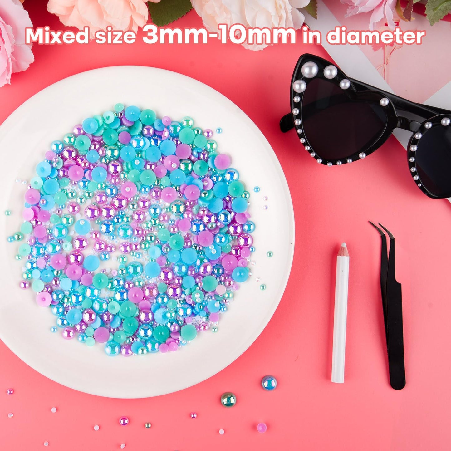 ASTARON 50g Mix Flatback Rhinestones Half Pearls for Crafts Mixed Size 3mm-10mm Flat Back Rhinestones for Crafts Flatback Pearls for Decorating Tumblers Mugs Nail Art Shoes (Blue，Purple，Green)