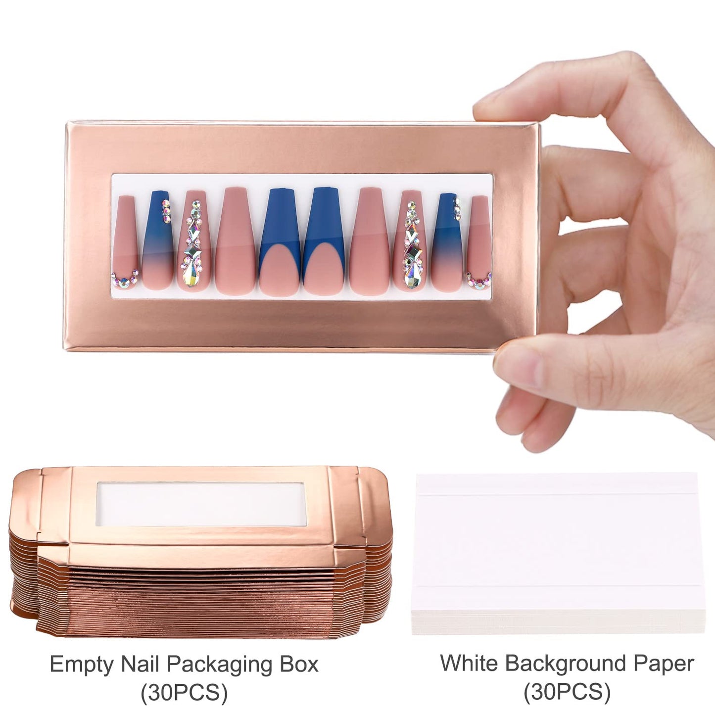 Noverlife 30PCS Empty Nail Package Box with 30 PCS White Background Papers, Empty Pullable Display Packing Box, Press On Nails Packaging Box Set for Press on Nail Business, Empty Nail Tip Box Packaging - Rose Gold