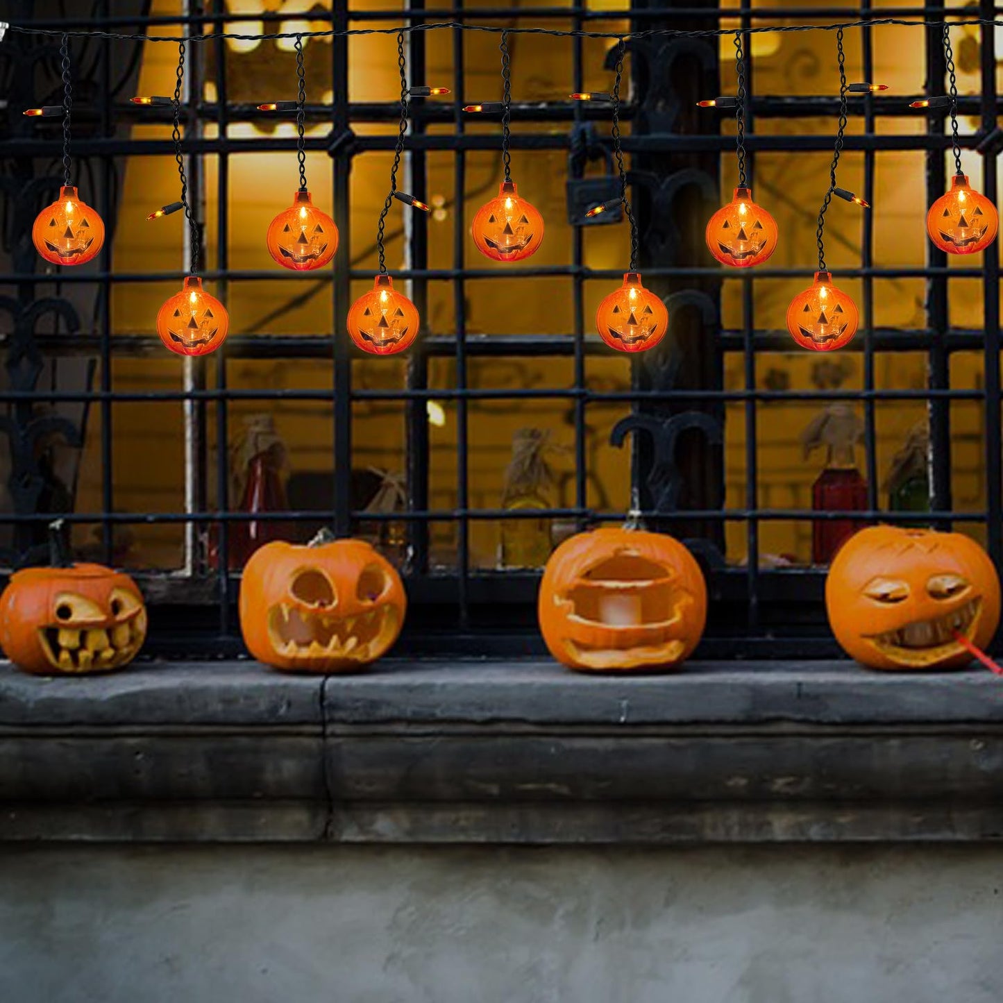 Romasaty Halloween 7FT Pumpkin Curtain Lights with 10 Waterproof Pumpkin String Lights, 25 LED Halloween Themed Lights for Windows, Porches, Stairs, Bars, Outdoor, Indoor Party Decorations