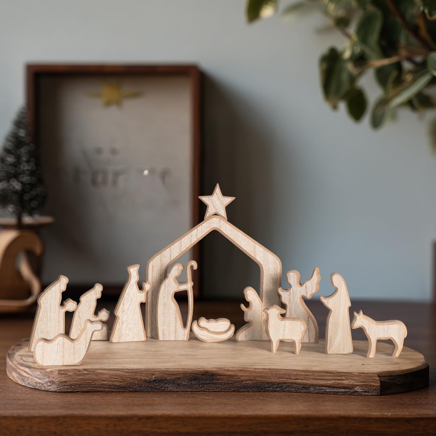Nativity Scene Set, 13Pcs Wooden Christmas Nativity Scene Miniature Holy Family Figurines, Minimalism Boho Tabletop Christmas Manger Decorations for Indoor Home Mantel Display
