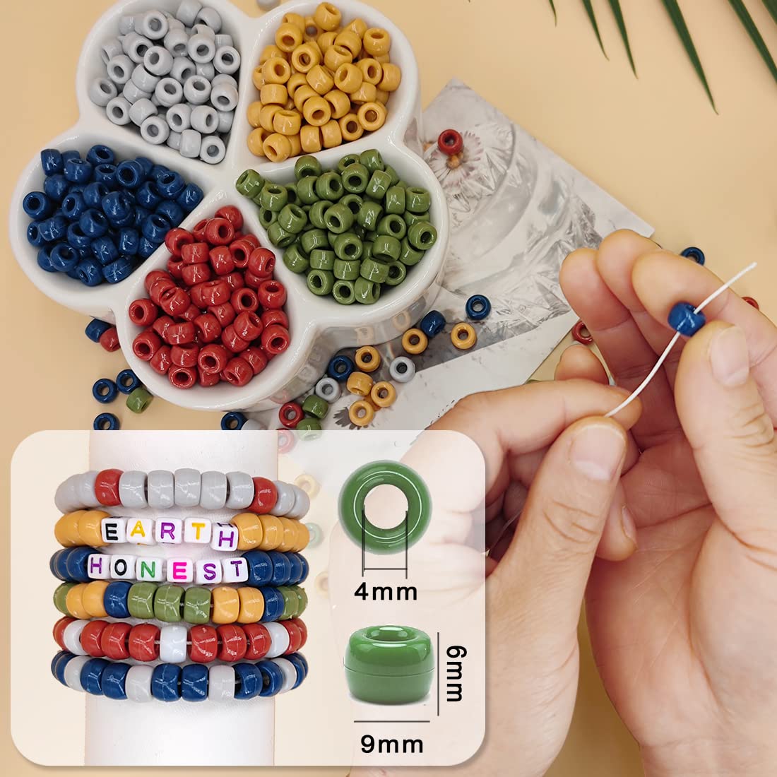 MIIIM 1000PCS 6x9mm Pony Beads Bulk, 5 Styles Kandi Beads for Bracelets Making Kit, Hair Braids Crafts for Jewelry Making (Earth)