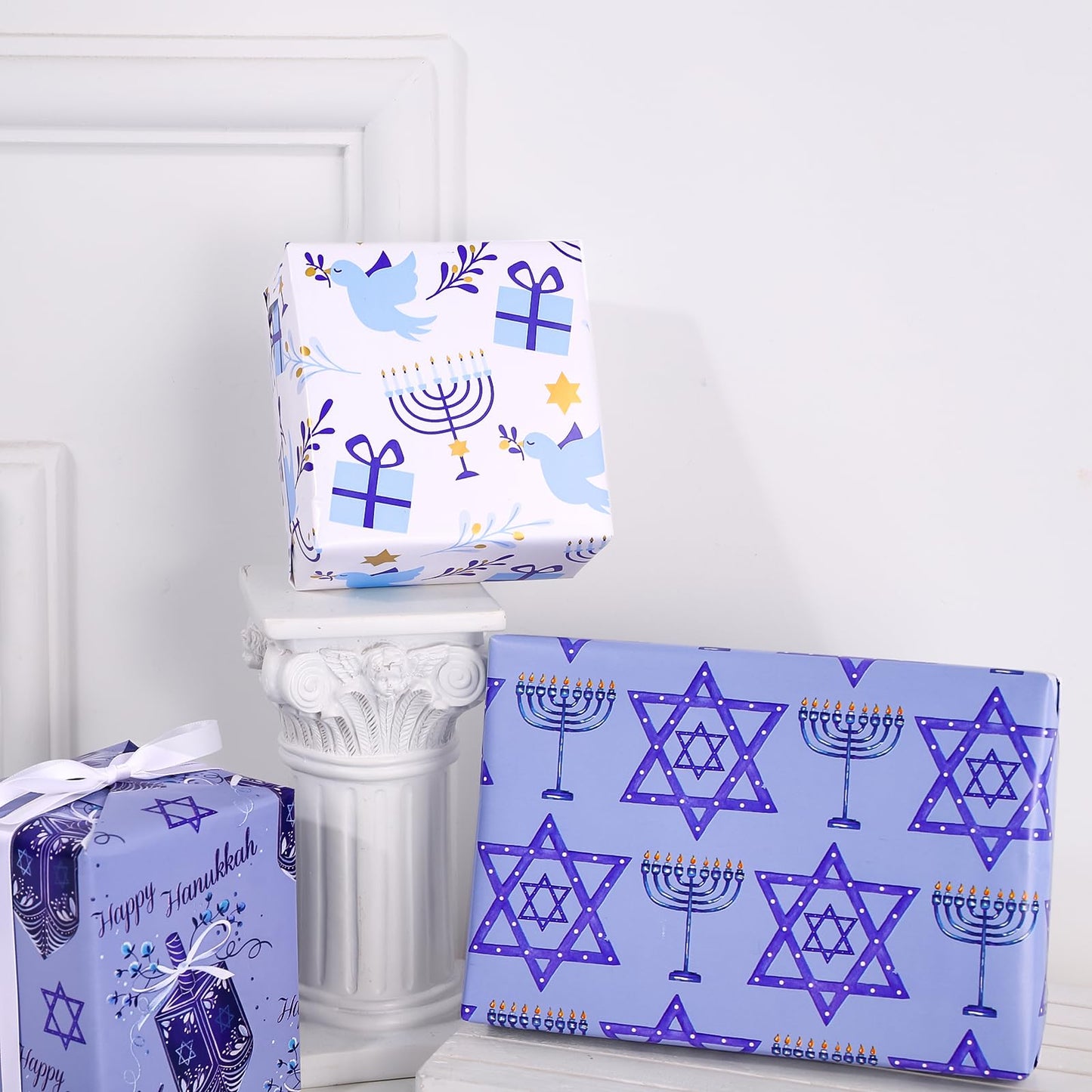 Hanukkah Wrapping Paper Roll - Mini Roll - 3 Rolls - 17 Inch x 120 Inch Per Roll - Menorah Lights, the Star of David and Dreidels Design