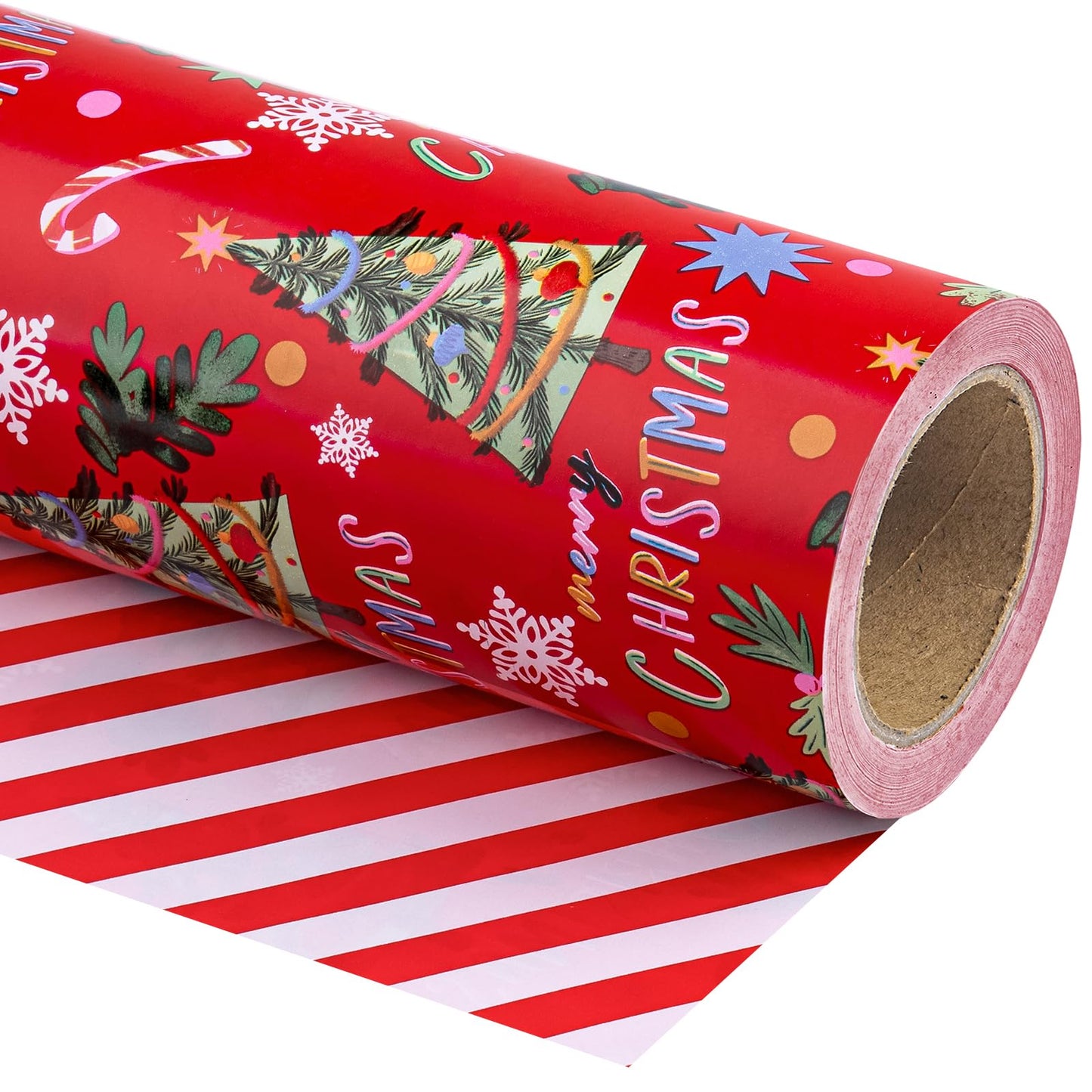 Reversible Christmas Wrapping Paper - Mini Roll - 17 Inch x 33 Feet - Red Christmas Tree Wrapping Paper and Stripe Design for Holiday, Party Celebration