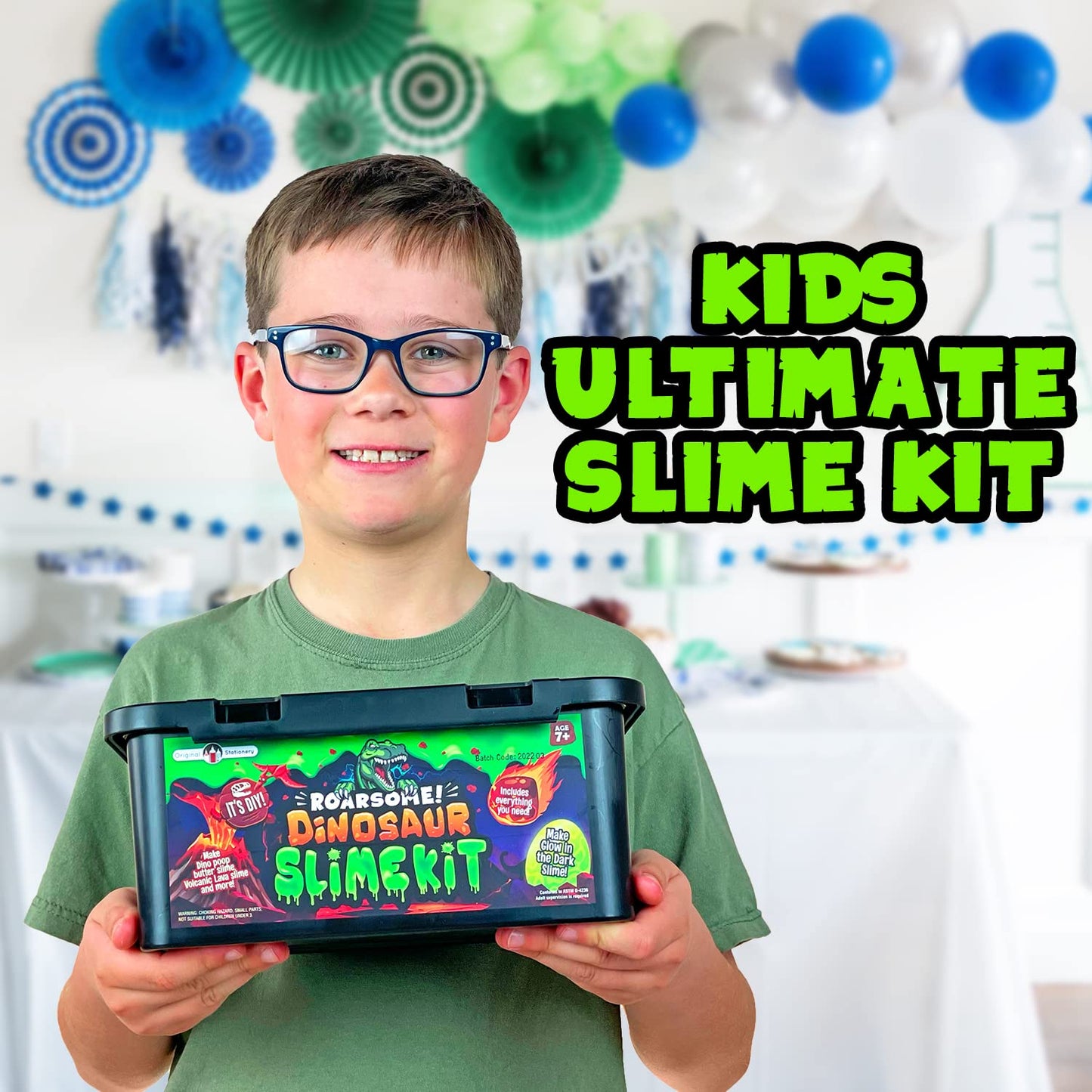 Original Stationery Dinosaur Slime Kit for Boys, DIY Glow-in-The-Dark Slime Set with Lava, Blood & Dino Poop, Fun Sensory Play Activity with Glitter Formula, Gift for Birthdays & Easter