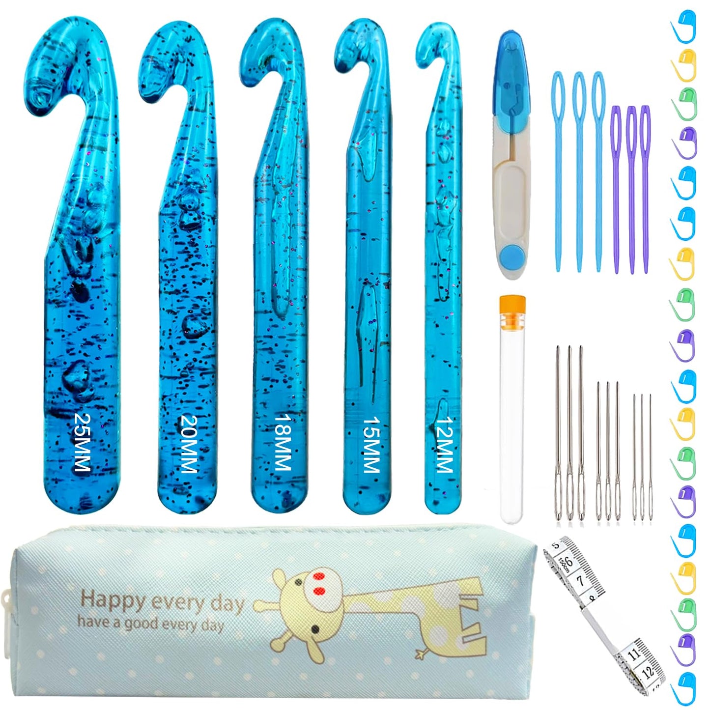 43 Pcs Large Crochet Hooks Set,12mm 15mm 18mm 20mm 25mm Large Crochet Hooks for Chunky Yarn,Plastic Crystal Smooth Big Crochet Needles for Handmade DIY Crochet with Storage Bag
