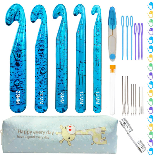 43 Pcs Large Crochet Hooks Set,12mm 15mm 18mm 20mm 25mm Large Crochet Hooks for Chunky Yarn,Plastic Crystal Smooth Big Crochet Needles for Handmade DIY Crochet with Storage Bag