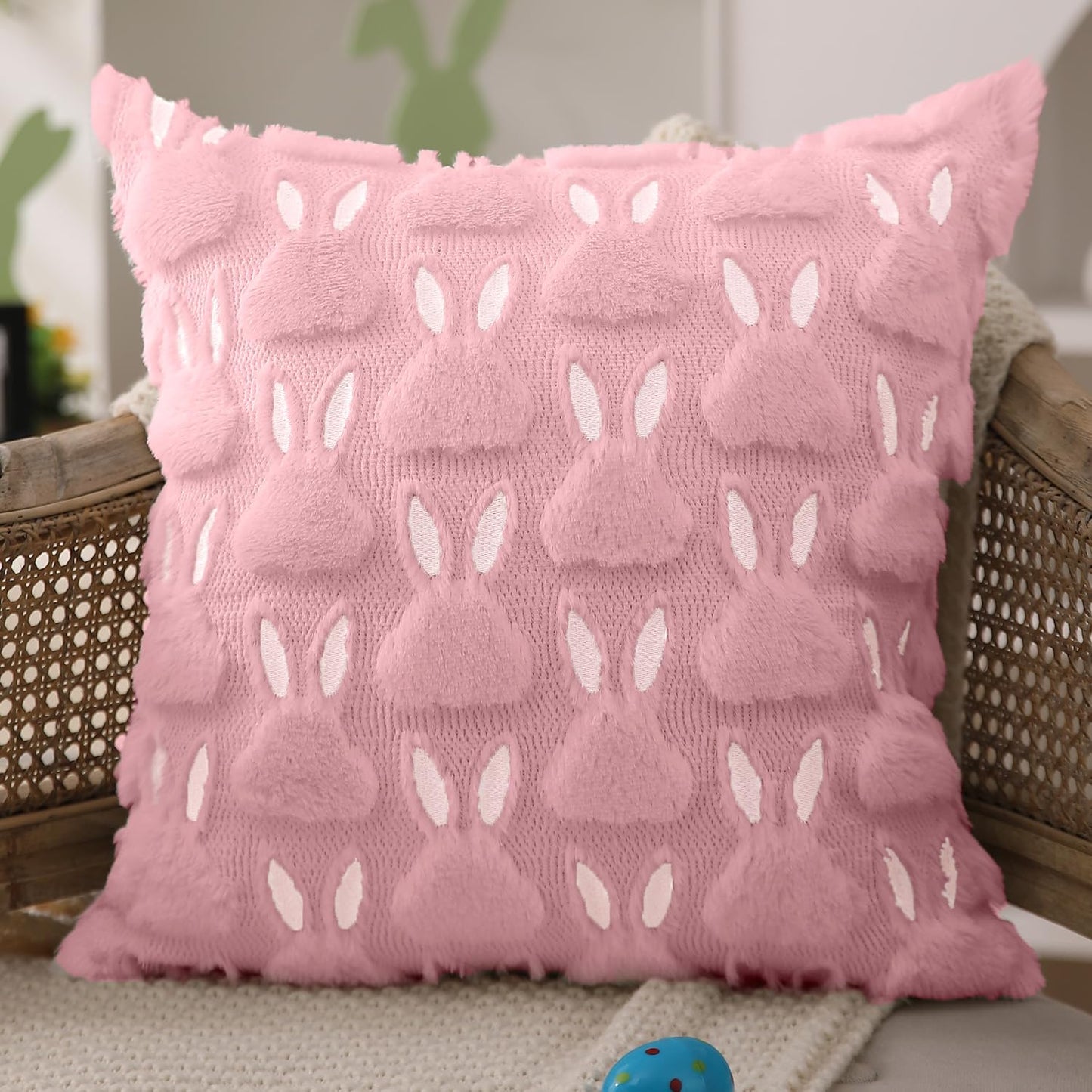 Easter Pillow Covers 18x18 inch Set of 2 Easter Decorations White Ears Pink Rabbit Soft Plush Faux Fur Jacquard Throw Pillows for Bedroom Sofa Holiday Festivals Home Decor FHJ-17B18