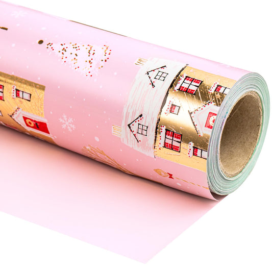 30 Inch Jumbo Reversible Christmas Wrapping Paper - 30 Inch x 33 Feet - Pink House and Solid Pink Wrapping Paper with Metallic Foil Shine for Chrsitmas, Holiday, Party
