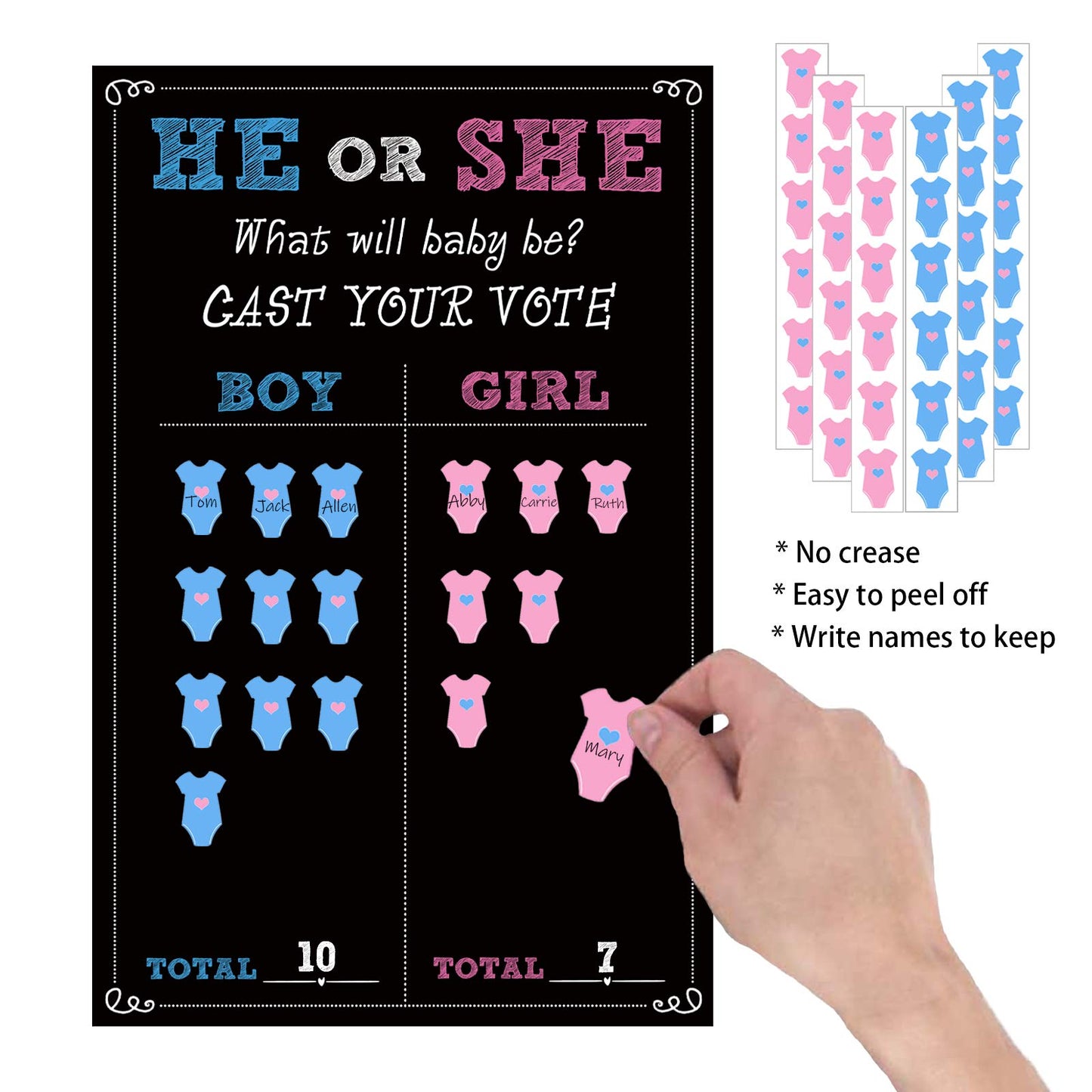 Baby Gender Reveal Party Supplies Kit, Photo Props Games Decorations,Boy or Girl, Includes 3 Game Posters (11x17), 3 Signs (8x10), 1 Erasable Marker, 48 Blue and Pink Voting Stickers