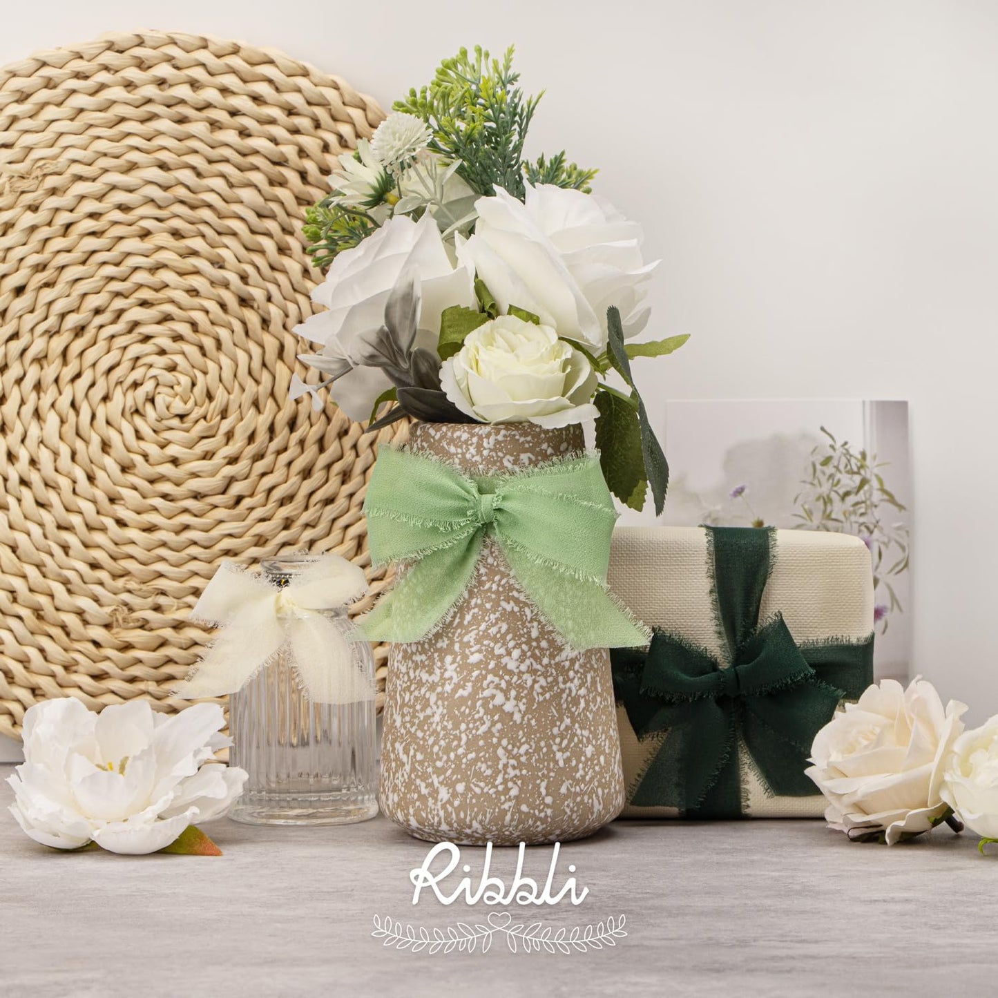 Green Ribbon 1 Inch x 3 Rolls Total 24 Yards Ivory/Sage/Forest Green Handmade Fringe Chiffon Silk Ribbon for Wrapping Wedding Invitations Bridal Bouquets DIY Crafts Home Decor