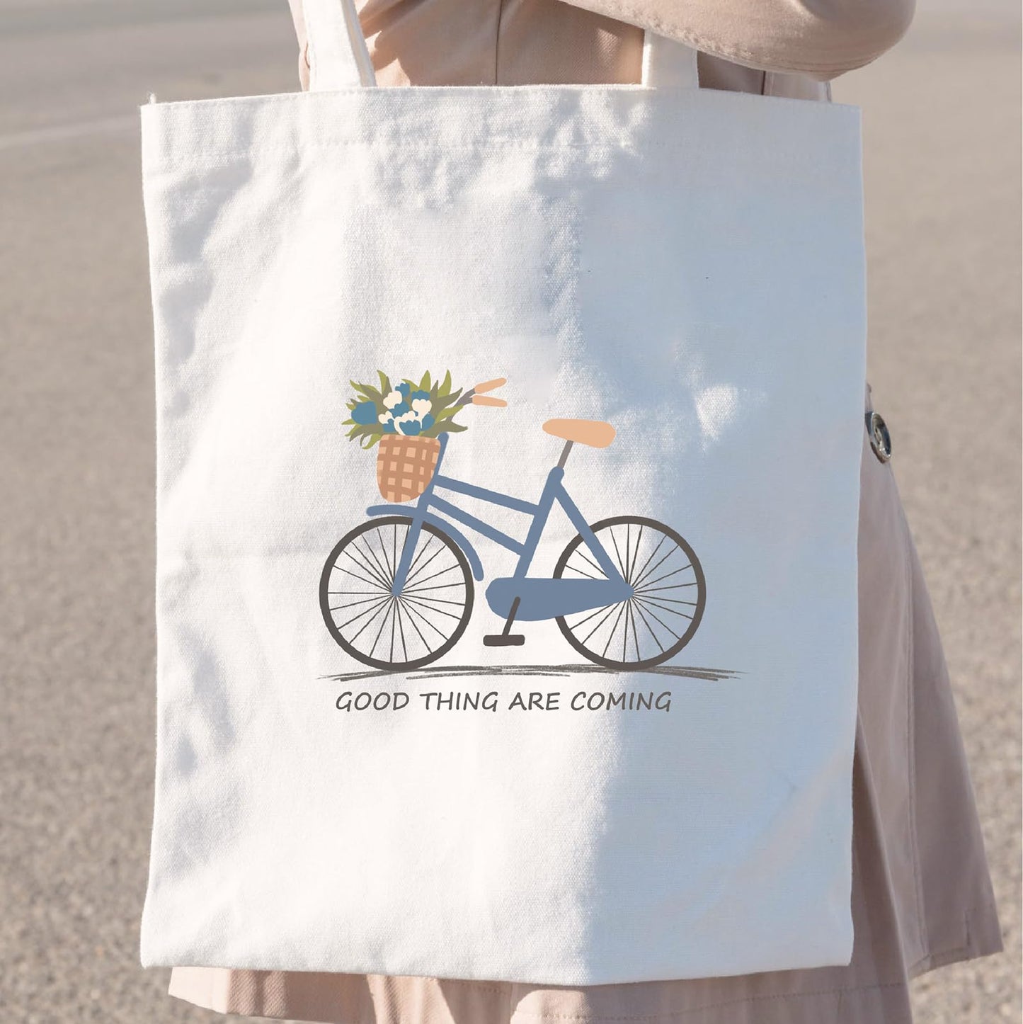 Kazova Aesthetic Flowers Cotton Canvas Tote Bag Blue Bouquet Bicycle Cloth Tote Bag Cute Cotton Tote Bag Art Canvas Tote Bag Reusable Shopping Bag for Gift