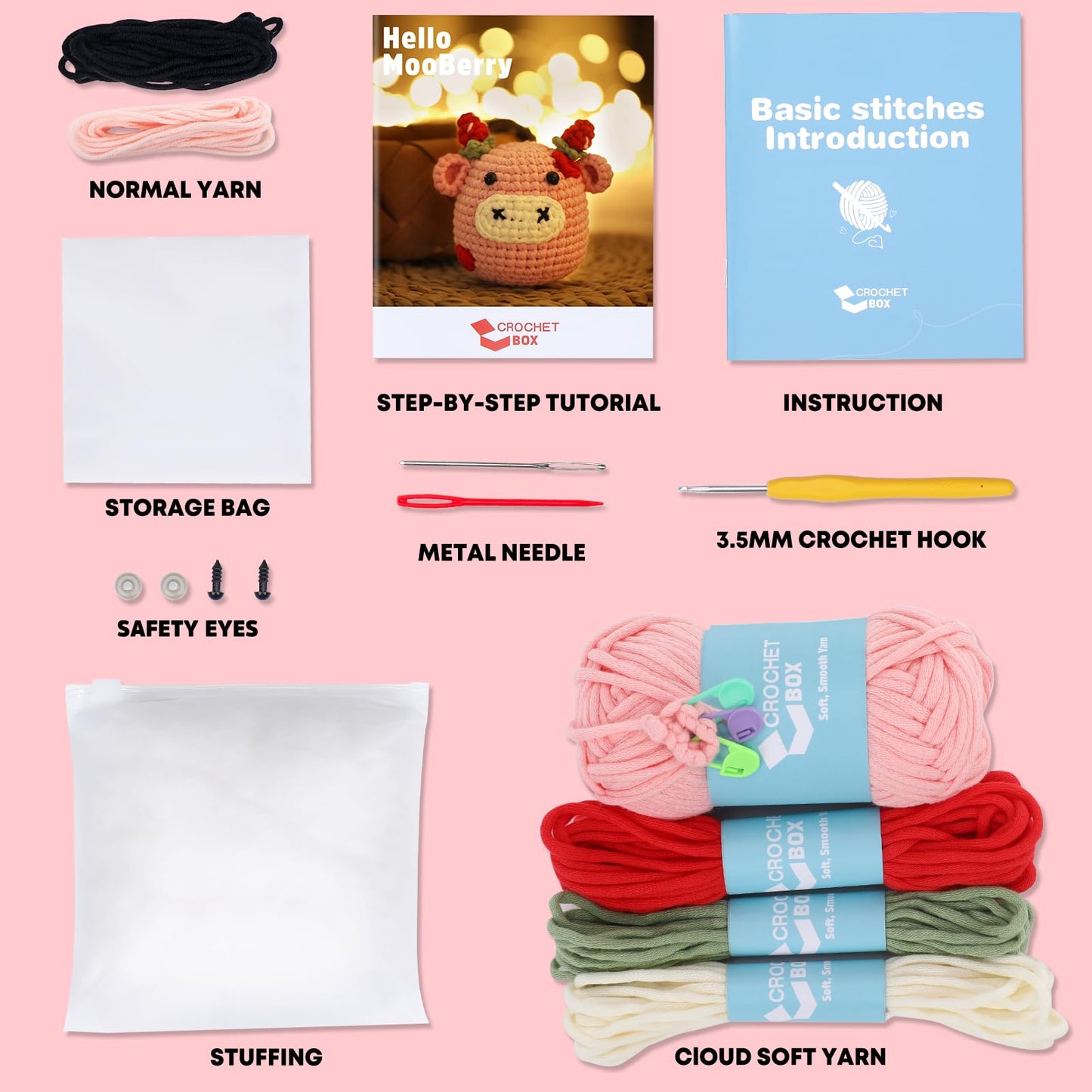 Crochet Kit for Beginners Adults - Cow Starters Crocheting Animal Kits for Kids, DIY Craft Birthday Gift with Crochet Yarns, Hook, Step-by-Step Video, Instruction and Crochet Accessories