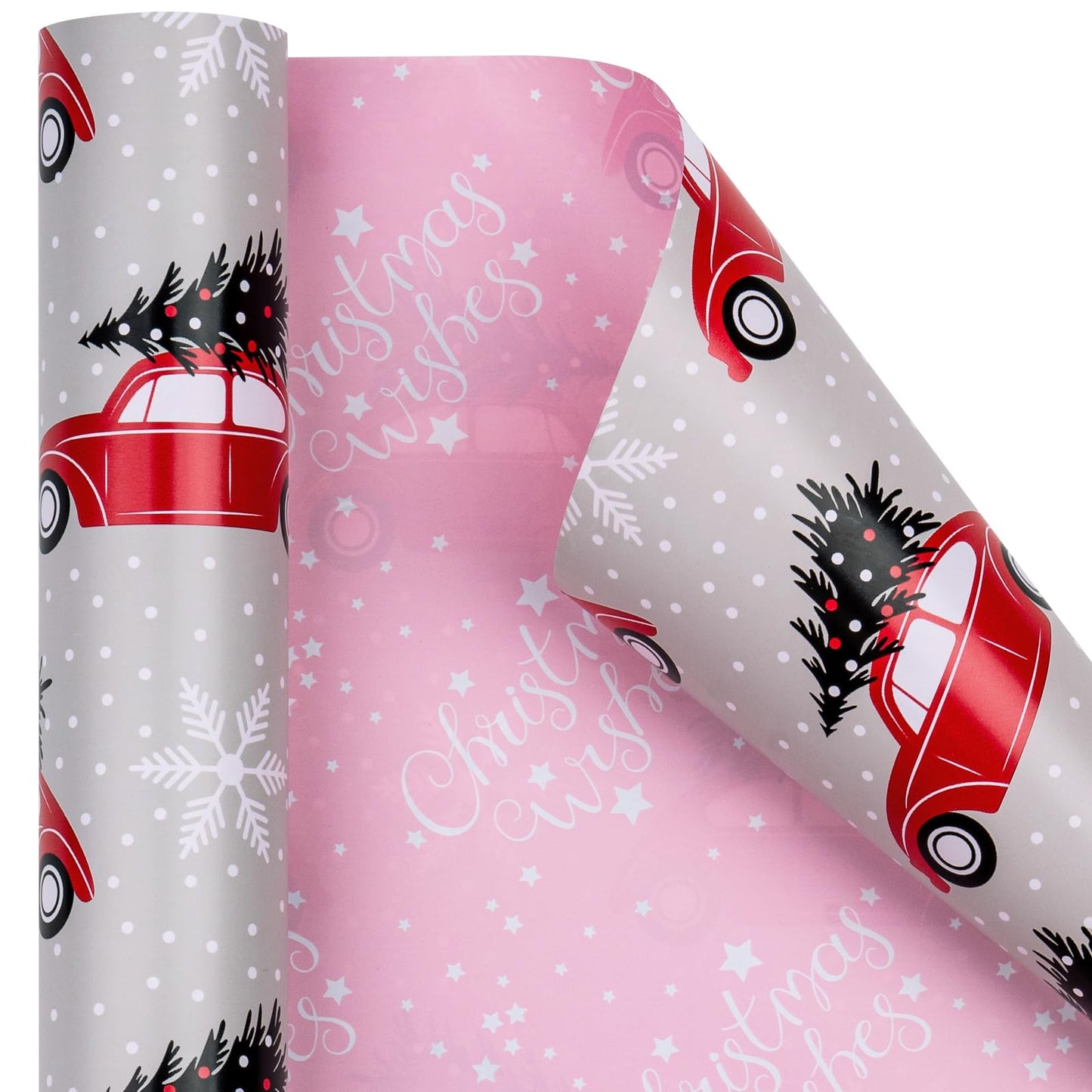 Reversible Wrapping Paper Roll, Mini Roll, Christmas Red Car and Christmas Wishes Pattern Gift Wrap Paper for Kids, Friends, Family, Xmas, Party, Holiday, 17.5 Inches X 32.8 Feet