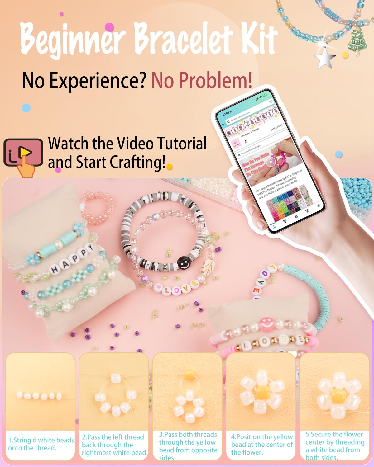 Mio Angle Friendship Bracelet Making Kit 6 Box 9000PCS Clay Beads 5000PCS Glass Seed Beads Jewelry Making Kit Letter Beads Charms Pearl Cute Chams Holiday Gifts for Girls Adults