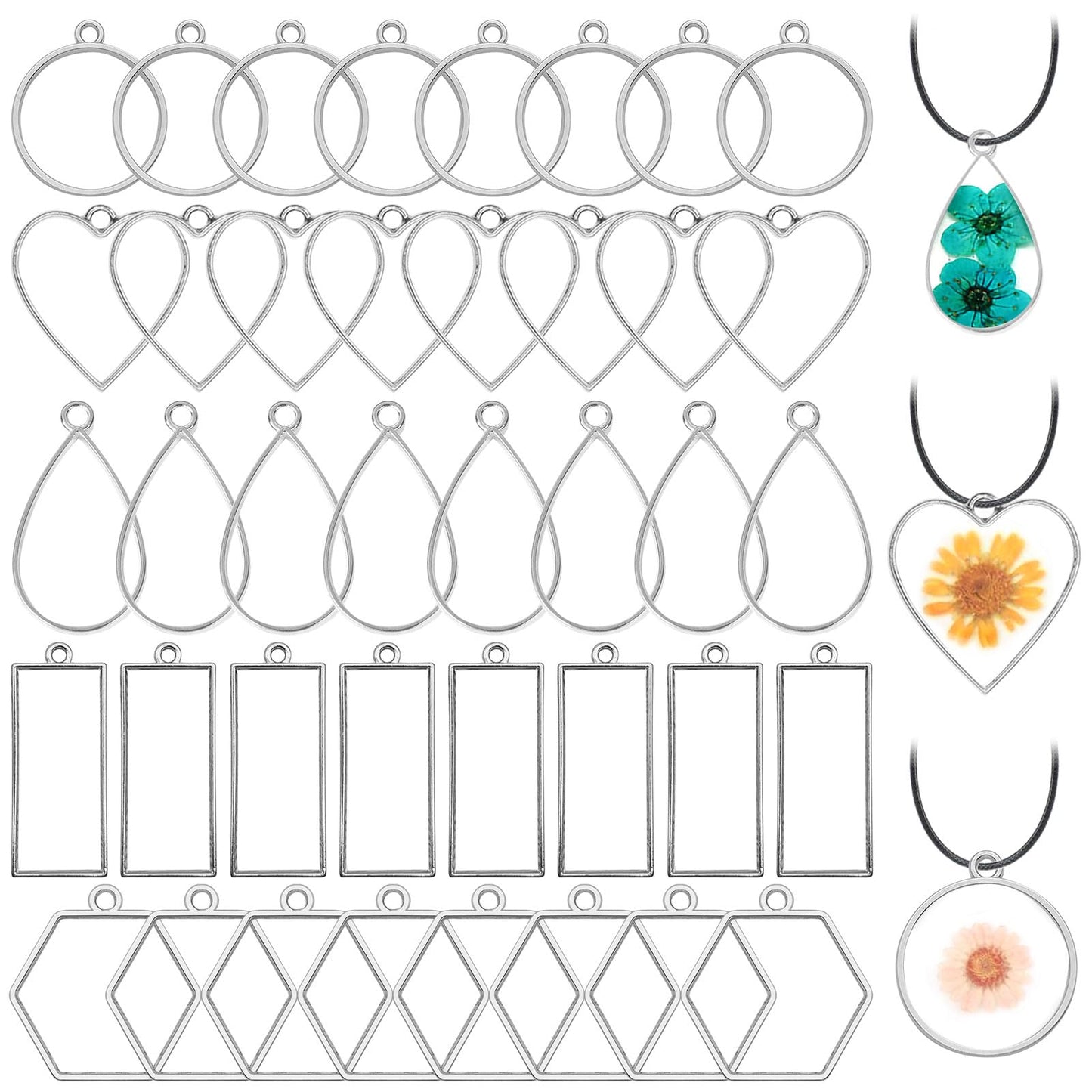 50pcs Open Bezels 5 Styles Open Frame Pendant Open Back Bezel Pendants Geometric Hollow Frame Pendant for Resin Casting, Necklace, Earrings, Pressed Flower, DIY Crafts(White K)