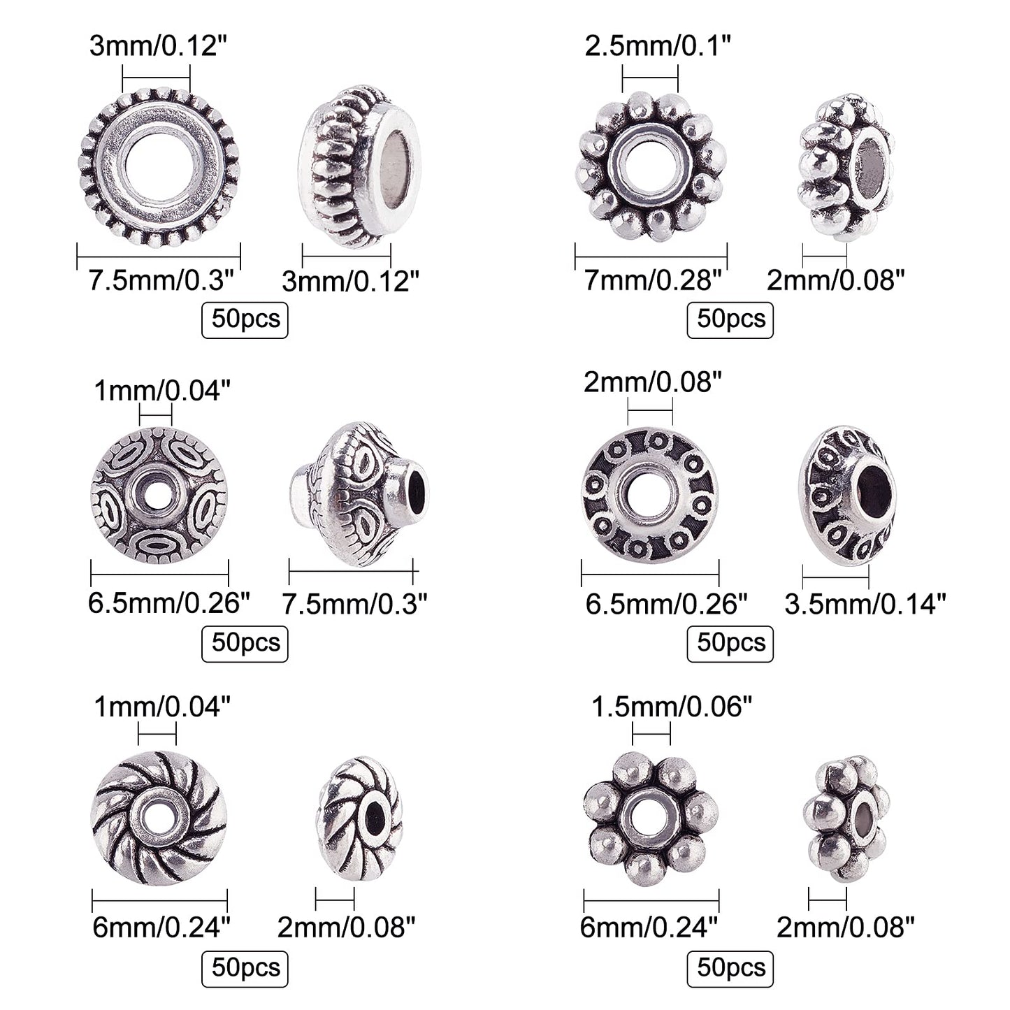 PH PandaHall 300pcs 6 Style Antique Silver Spacer Beads, Tibetan Metal Alloy Tube Spacers Flower Flat Rondelle Small Loose Beads for Bracelet Necklace Earring Jewelry Making Supplies