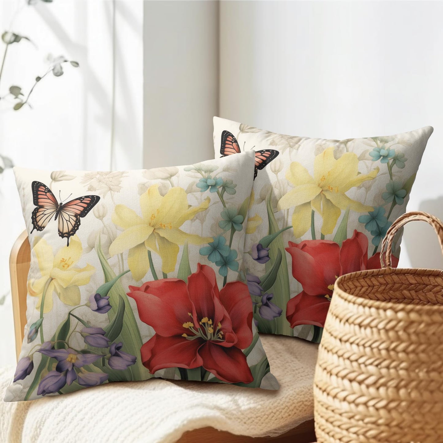 Spring Summer Flower Outdoor Decorative Pillow Covers 18x18 Inch Set of 2 Floral Butterfly Throw Pillows Spring Farmhouse Pillowcases Cotton Linen Cushion Covers for Couch Bed Sofa Chair Home Decor