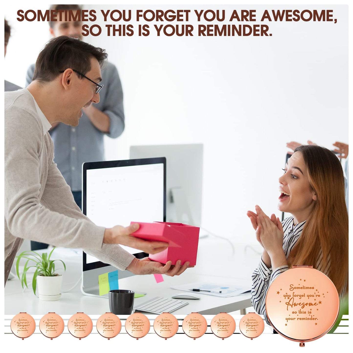 Roowest 10 Pcs Inspirational Compact Mirror Bulk You're Awesome Reminder Appreciation Gifts for Women Employee Coworker Friends Sisterhood Mothers Day Party Favors Pocket Mirrors (Rose Gold)