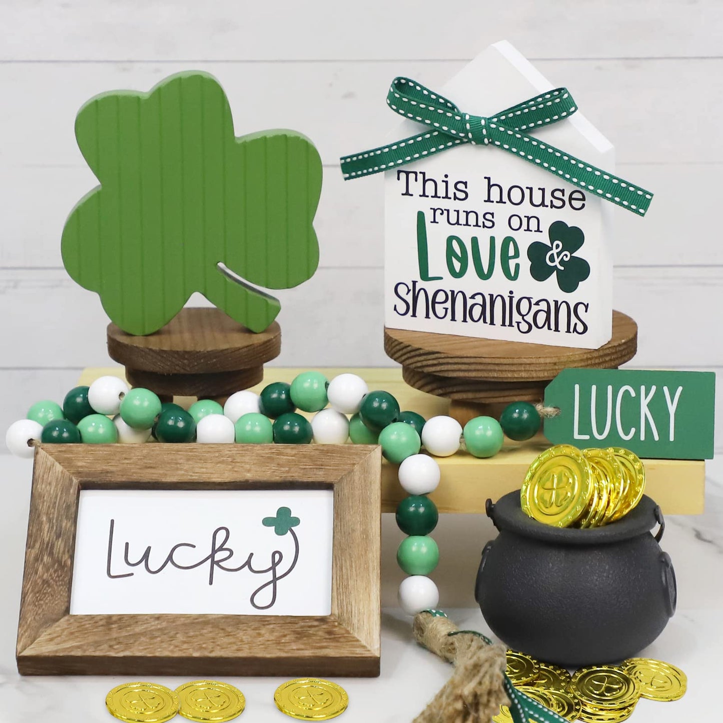 St. Patrick's Day Decorations, Lucky, Shamrock, Pot of Gold, Bead Garland, House Shape St. Patrick's Day Wooden Signs for Table Shelf Decor
