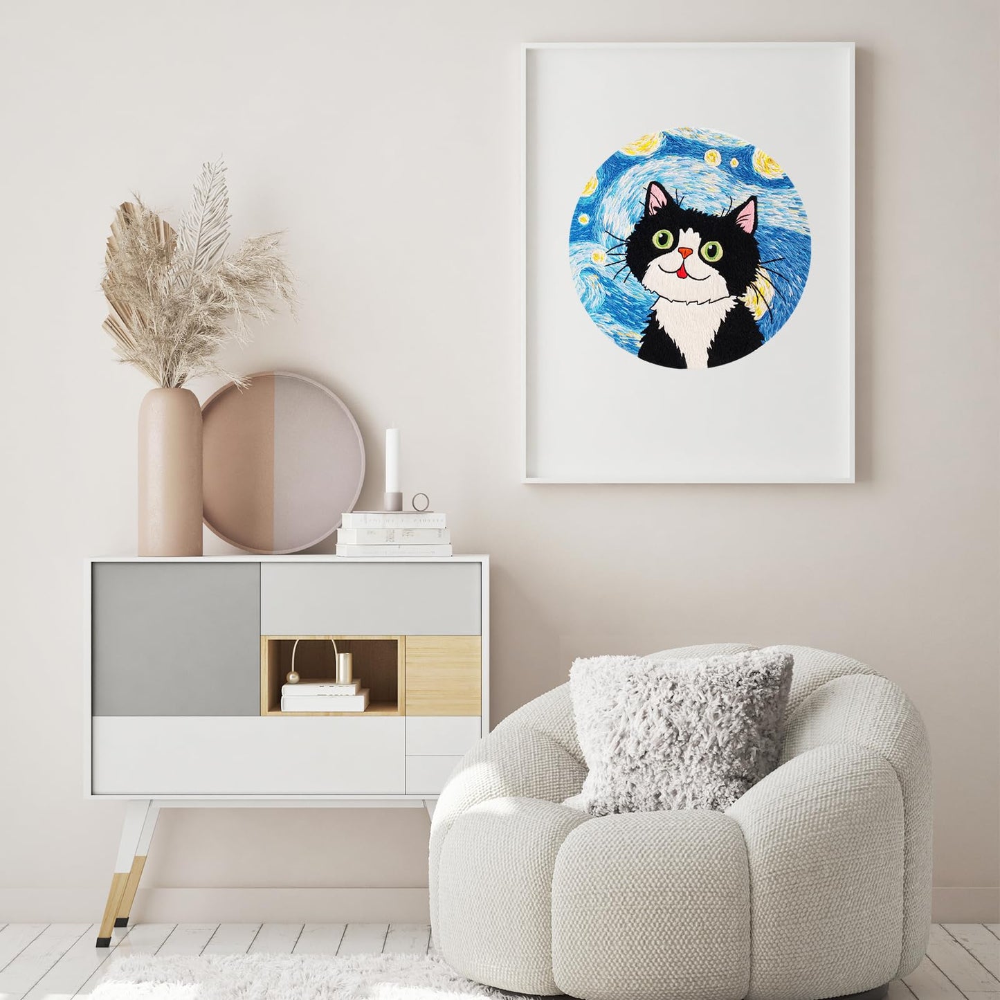 Louise Maelys Cat Starry Sky Embroidery Kits for Beginners with Floral Pattern,Adults Starter Cross Stitch Kit DIY Needlepoint