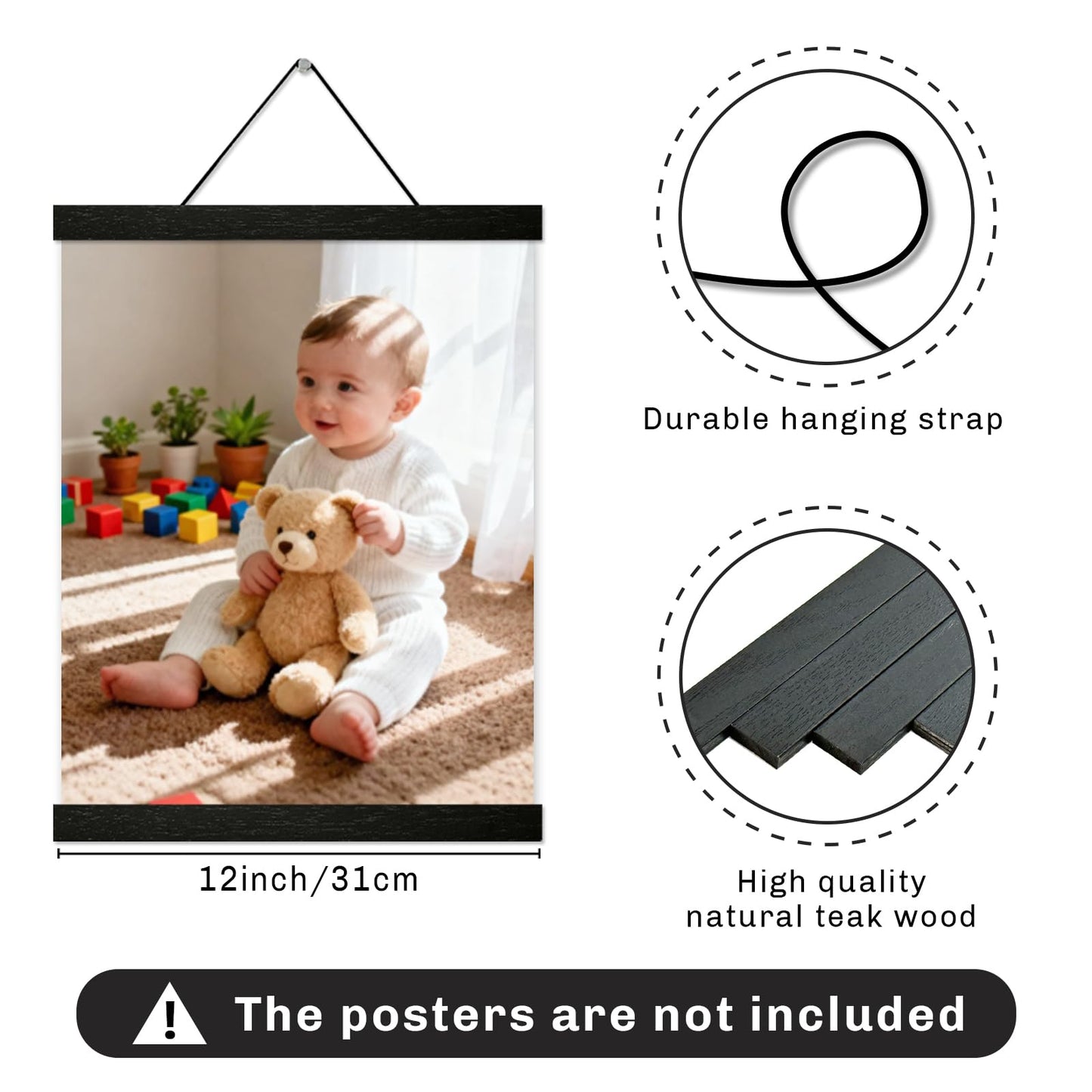 artwood 3 Pack Magnetic Poster Hanger Frame 12 inch Black,12x16 12x18 12x20 12x24 Wood Magnet Frames Hangers for Photos, Pictures, Prints, Maps, Canvas Artwork,Diamond Art Painting,Canvas Hanger