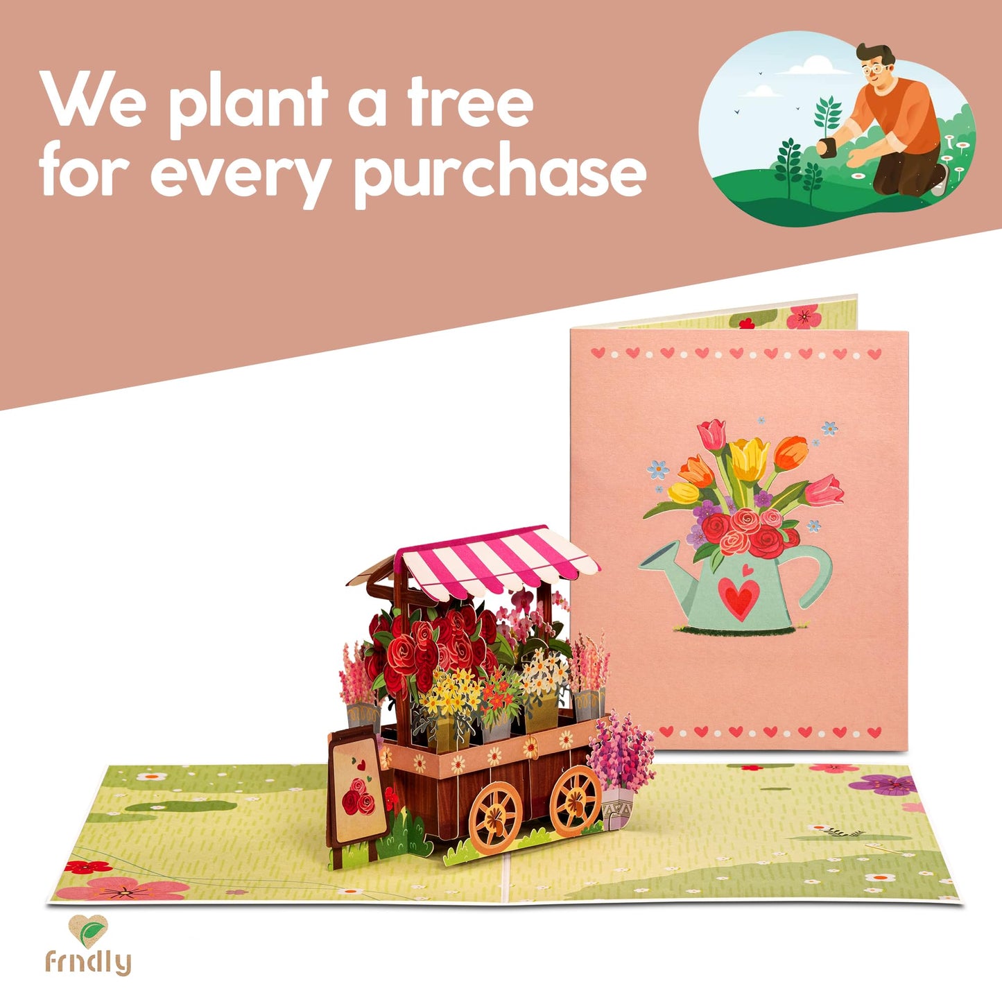 Paper Love Frndly Pop Up Valentine's Day Card, Flower Stand, Handmade 3D Popup Cards, 100% Recycled and Eco-Friendly, 8" x 6" Cover - with Removable Note Tag