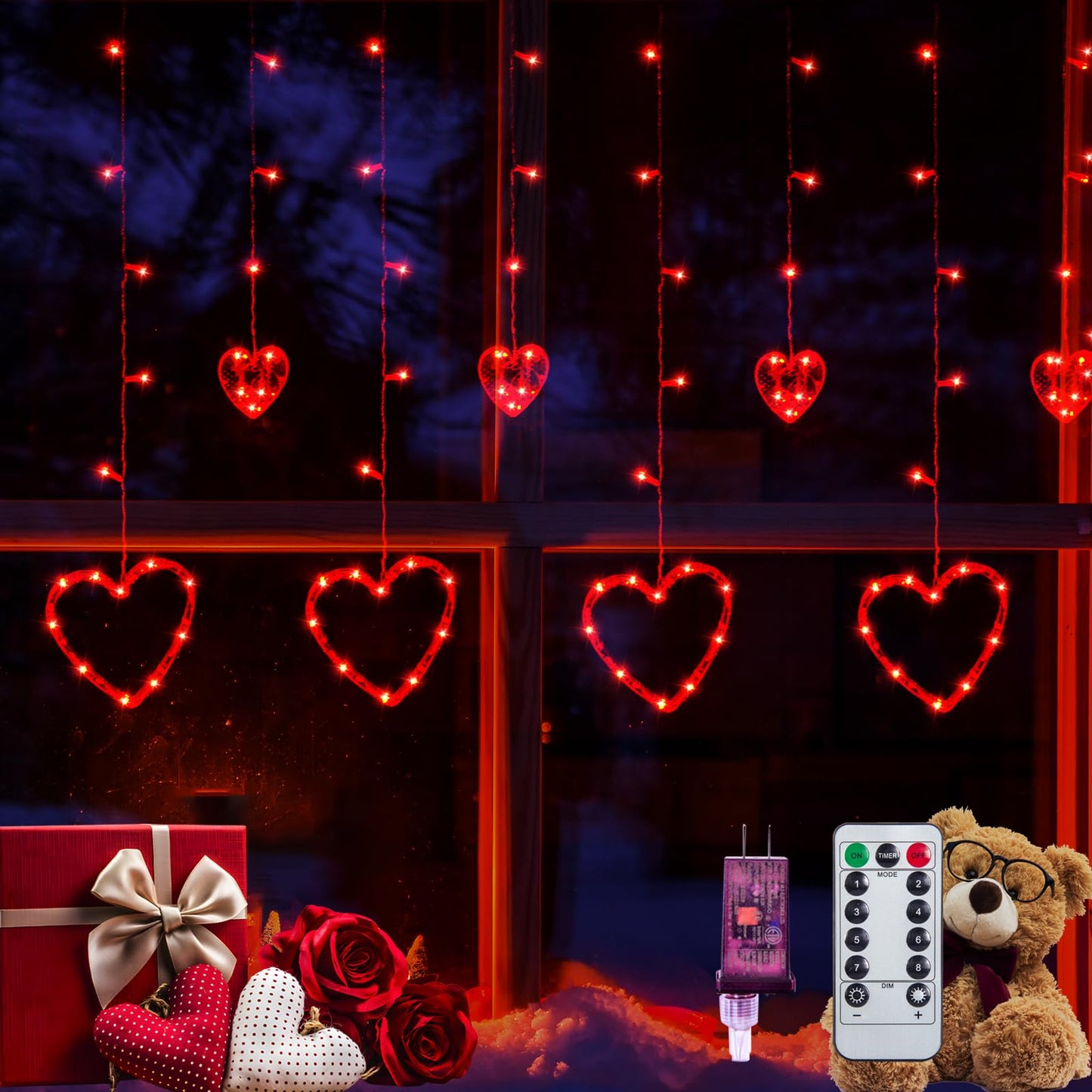 Valentines Decorations, Red Heart-Shaped 138 LEDs 12 Hearts String Lights Plug in with Remote, 8 Flashing Modes and Timer Function Window Curtain Light for Valentines Decorations
