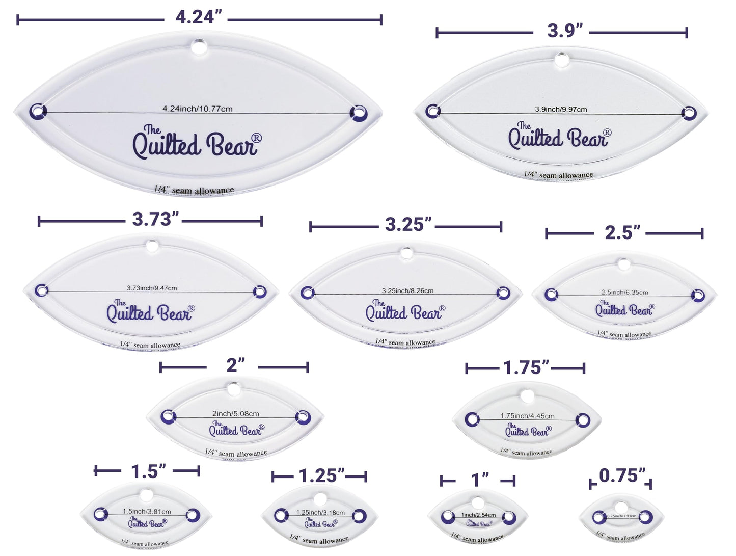 The Quilted Bear Leaf Quilting Templates – 8 Clear Non-Slip Acrylic Quilt Templates for Precise Fabric Cutting & Stress-Free Machine Quilting - Ideal for Quilt & Sewing Supplies (¾–3")