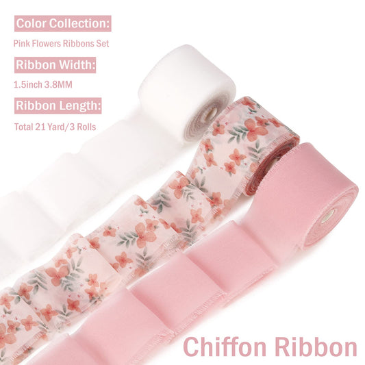 Handmade Fringe Floral Silk Chiffon Ribbons 1.5" x 7 Yards, 3 Rolls 21 Yards Pink Floral Ribbons Set for Wedding Invitations, Bridal Bouquets, Gifts Wrapping, DIY Crafts Decoration