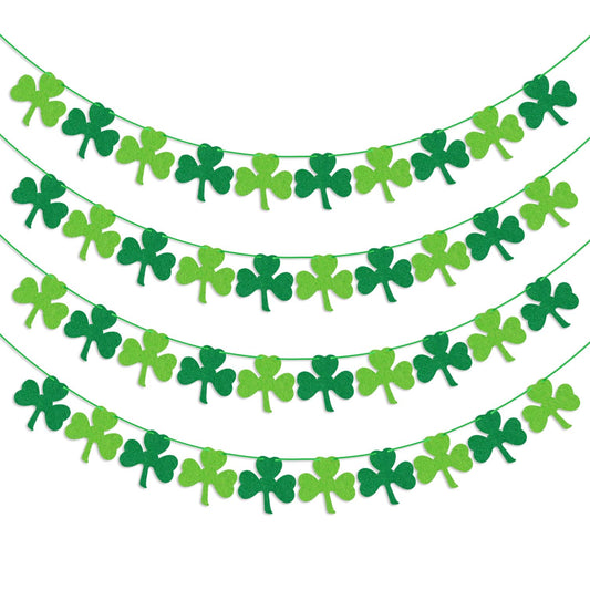 St Patricks Day Decorations 4PCS Felt Shamrock Garland Banner - NO DIY Shamrock Clover Garland Banner for St Patricks Day Decor - Dark Green Light Green for Irish Party Supplies