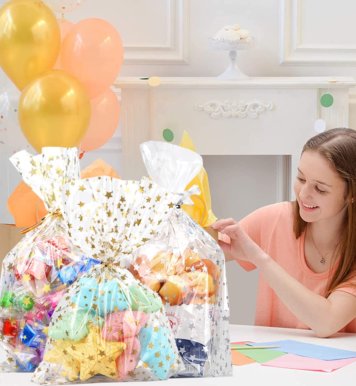 COQOFA 100 Pcs Star Printed 5"X 7" Gift Wrap Cello Cellophane Treat Bags Party Favor bags Clear Candy Cookie Bags Plastic Poly Goodie Storage Bags with Twist Ties for Bakery,Birthday, Wedding,Party