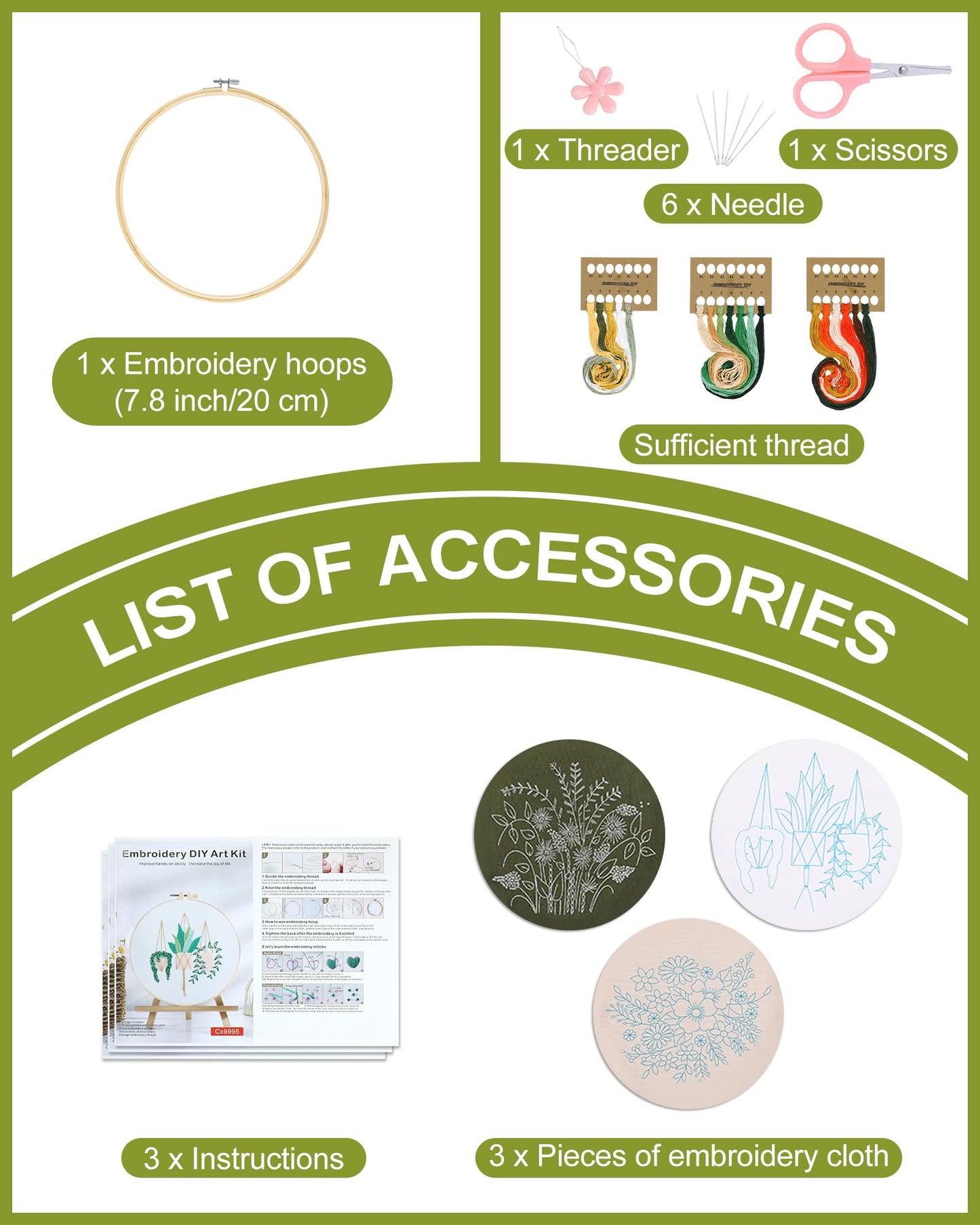 3 Sets Embroidery Kit for Beginners Needlepoint Cross Stitch Kits for Adults,Stitch Learning DIY Sets with Instruction Video,Stamped Floral Patterns,Hoop,Threads,Sewing Hobby