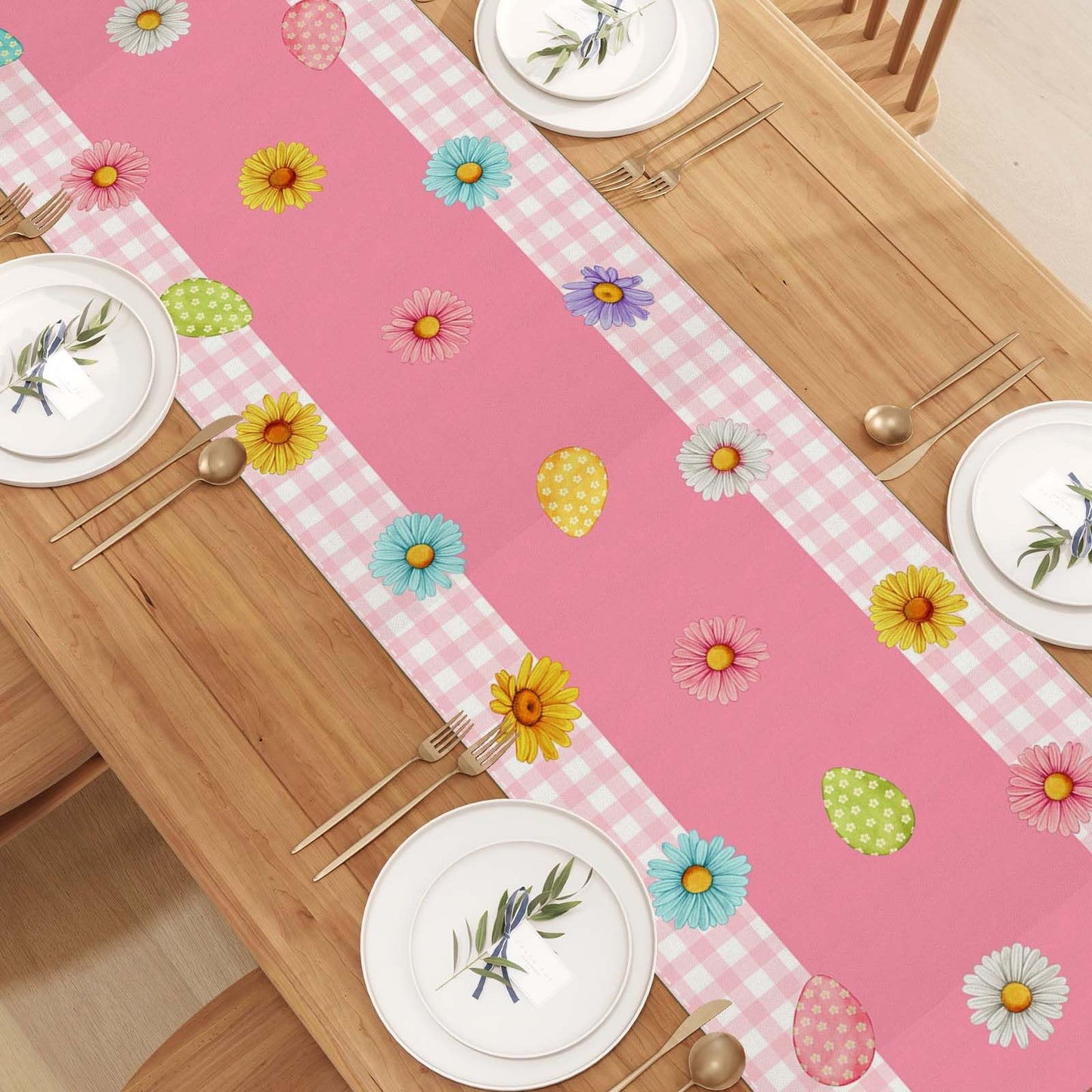 Linen Pink and White Buffalo Check Plaid Easter Table Runner 72 Inches Long Easter Egg Bunny Chick Daisy Tulip Floral Table Decor Spring Summer Easter Home Kitchen Dining Room Table Decorations