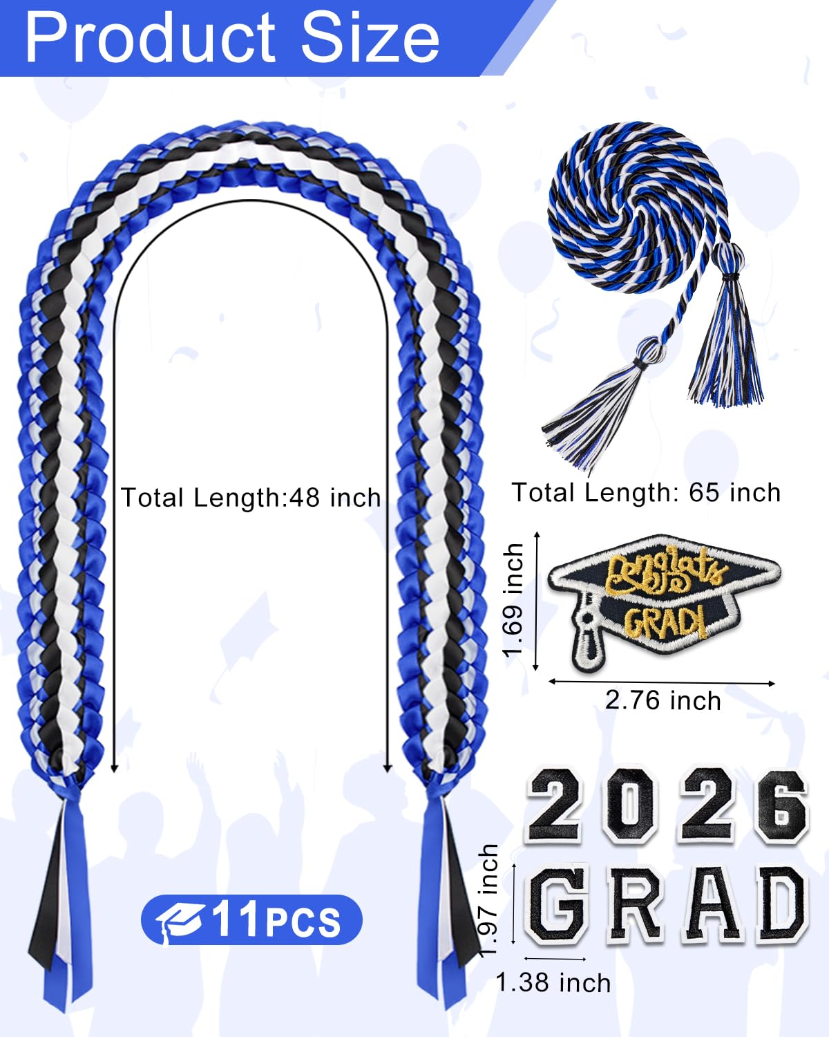 Yigney Graduation Lei Set Class of 2026 Grad Ribbon Leis with Honor Cord Double Braided Graduate Leis for Men Women Blue Black White