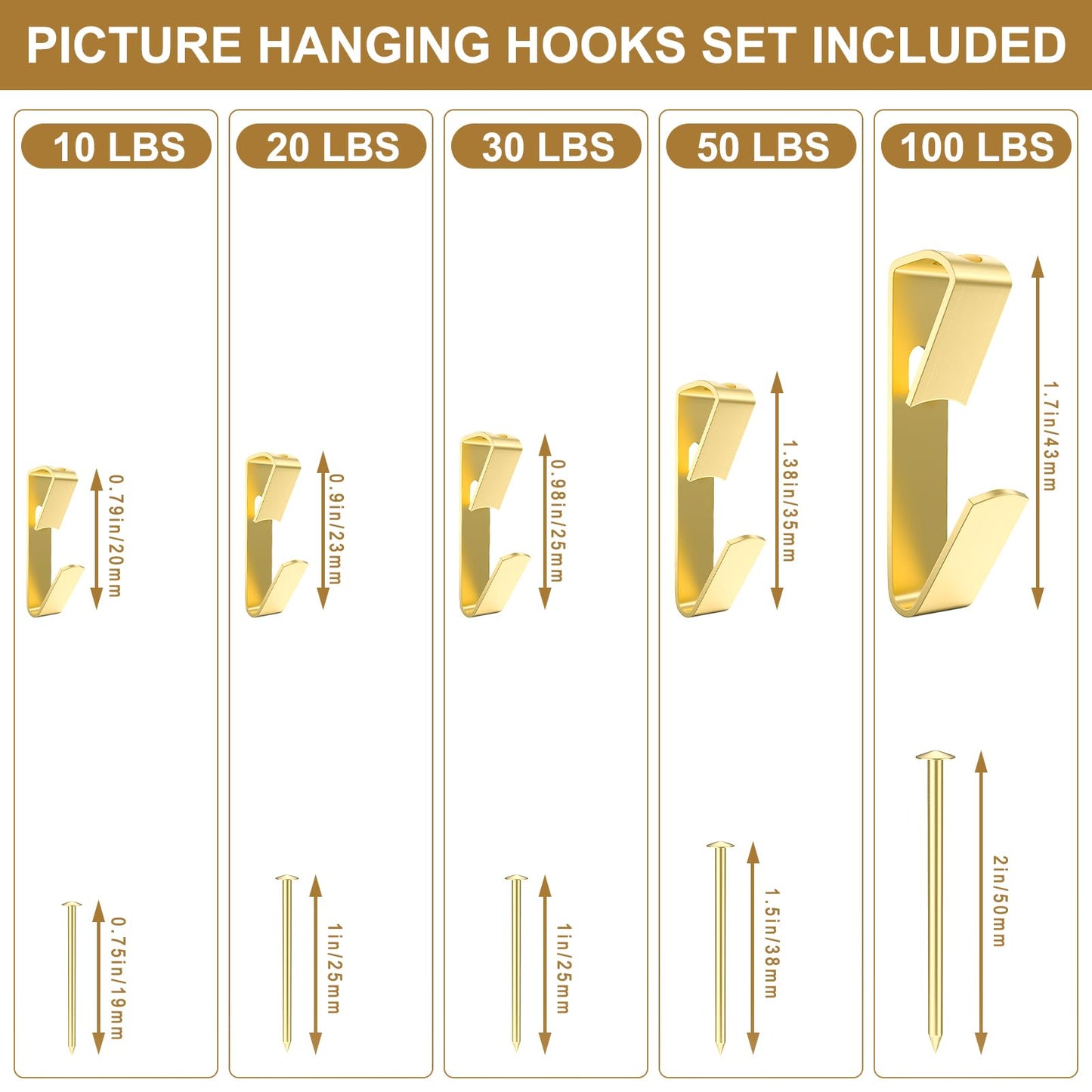 202 PCS Frame Hanger Kit, 10lb, 20lb, 30lb, 50lb&100lb Picture Hanging Hardware Kit, Picture Hanging Tool, Pcture Hangers,Picture Frame Hanging Kit, Picture Hooks for Pictures, Canvas, Mirror (Gold1)