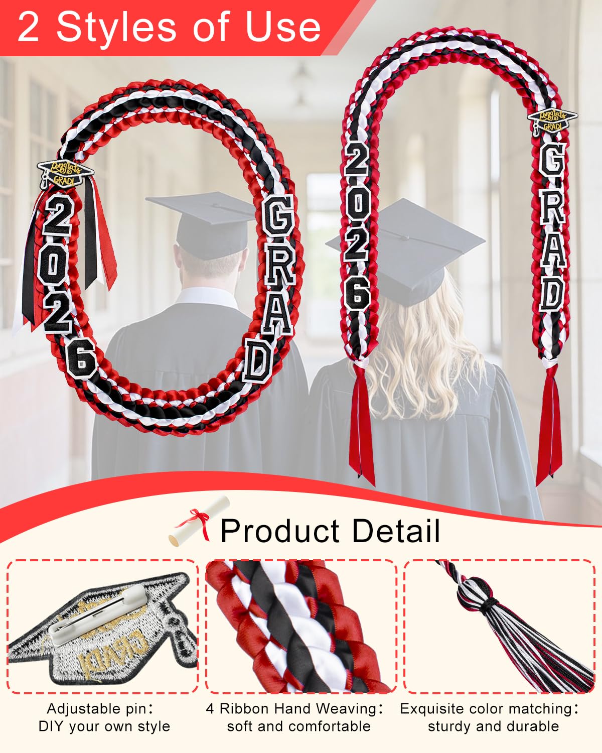Yigney Graduation Lei Set Class of 2026 Grad Ribbon Leis with Honor Cord Double Braided Graduate Leis for Men Women Red Black White