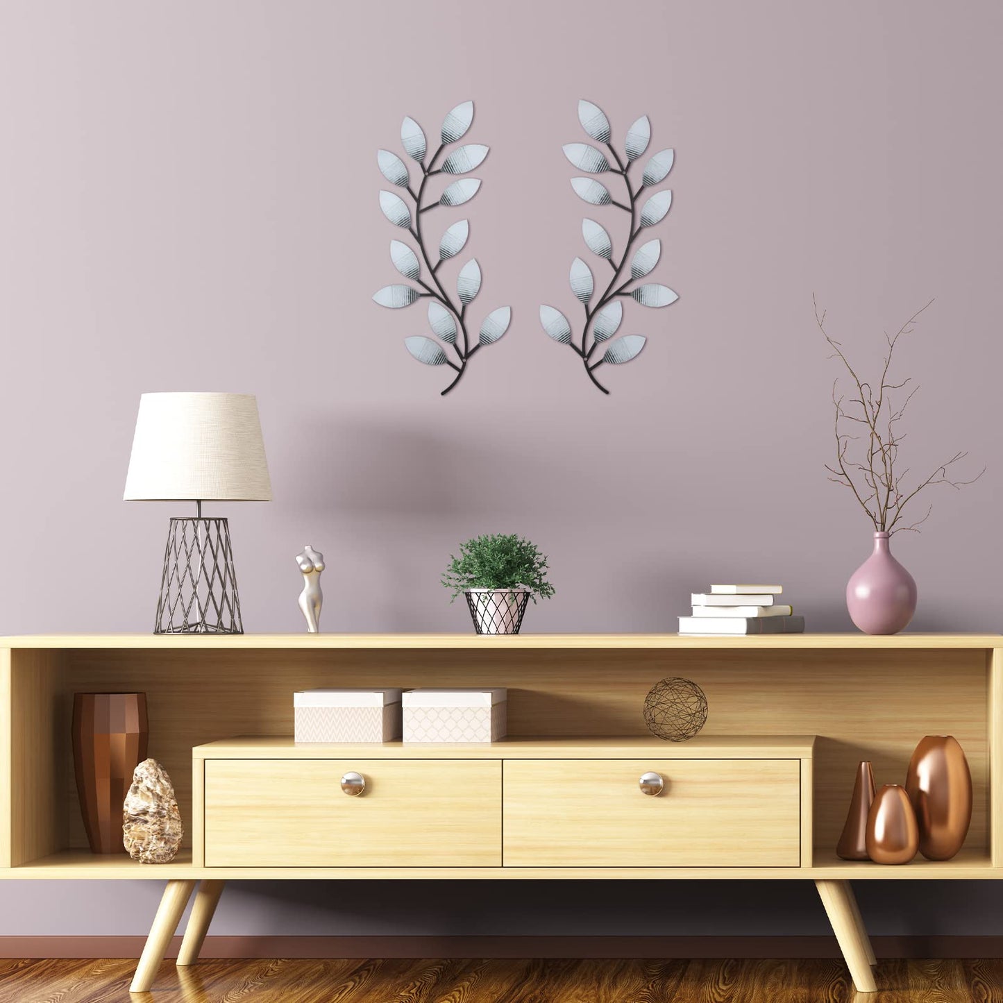 2 Pieces Metal Tree Leaf Wall Decor Vine Olive Branch Leaf Wall Art Living Room, Hallway Wall Decor Outdoor Decoration(Retro White)