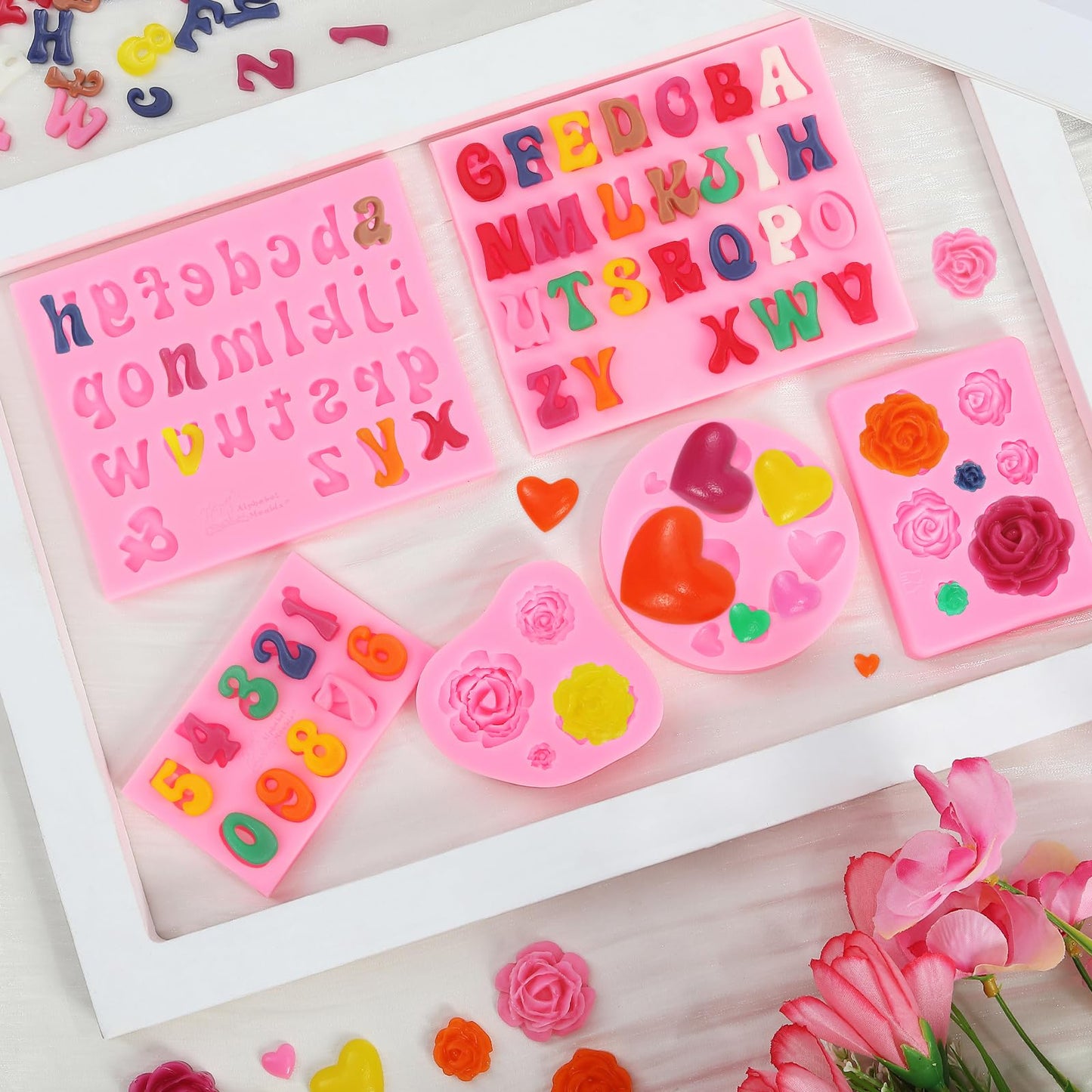 MUYIYAMEI Letter Silicone Mold Alphabet Number Molds Rose Heart Shape Cake Mould for Gummy Baking Candy Making Chocolate Molds Sugar for DIY Crafts Candy Desserts Cupcake Decoration