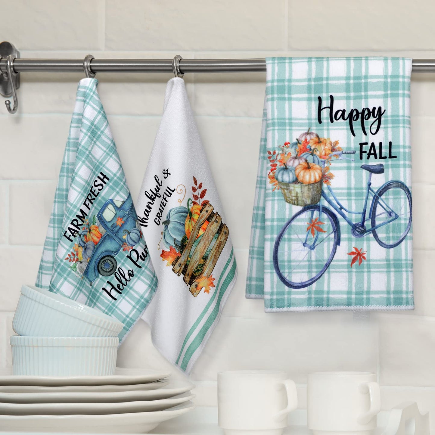 Sratte 6 Pcs Fall Kitchen Towels Blue Pumpkin Tea Dishtowels Absorbent Autumn Bathroom Hand Towels Thanksgiving Fall Decoration for Xmas Kitchen Bathroom Gifts