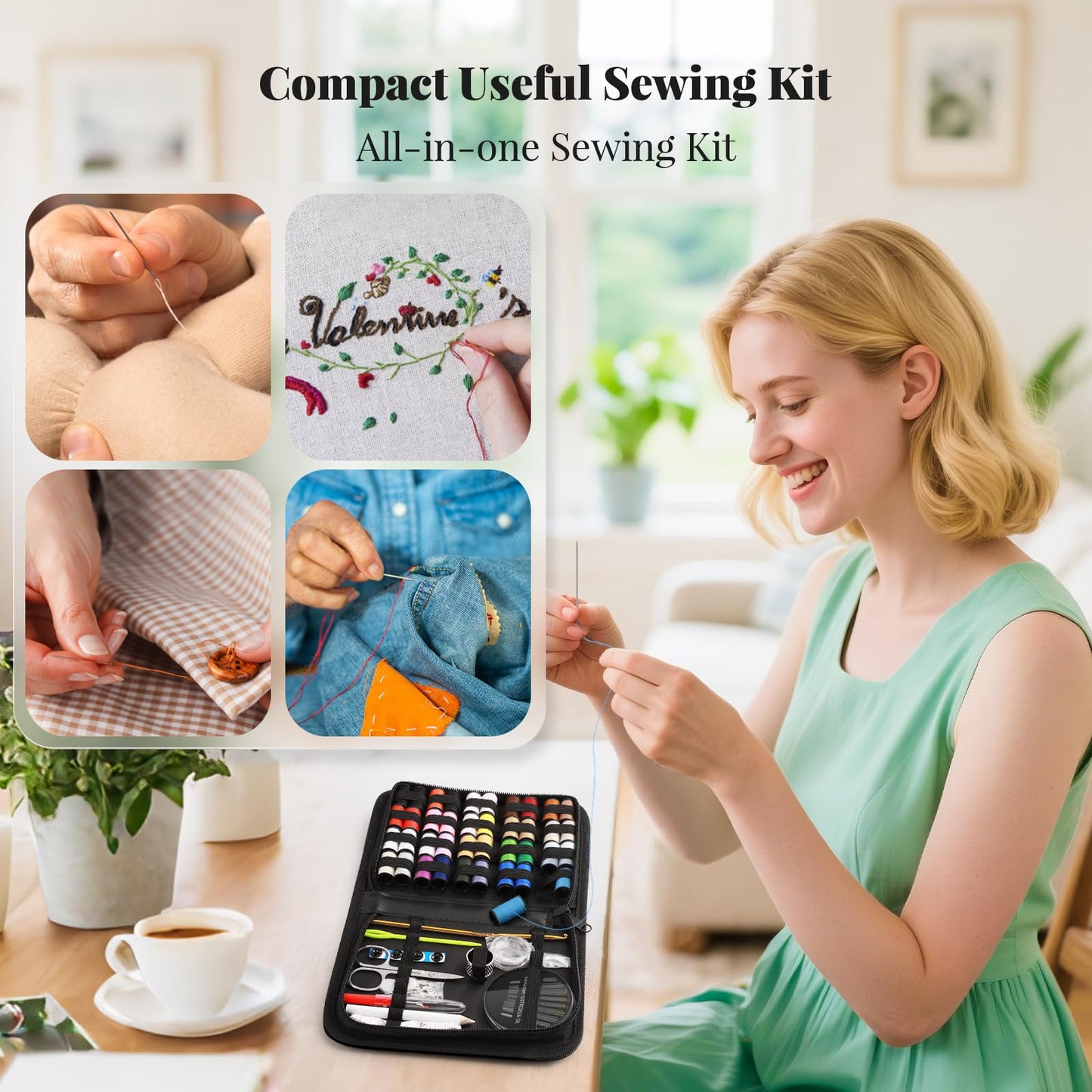 Sewing Kit Christmas Gifts for Grandma, Mom, Traveler, Adults, Beginner, Emergency, DIY Sewing Supplies Organizer Filled with Scissors, Thread, Sewing Needles, Tape Measure etc (Black, L)