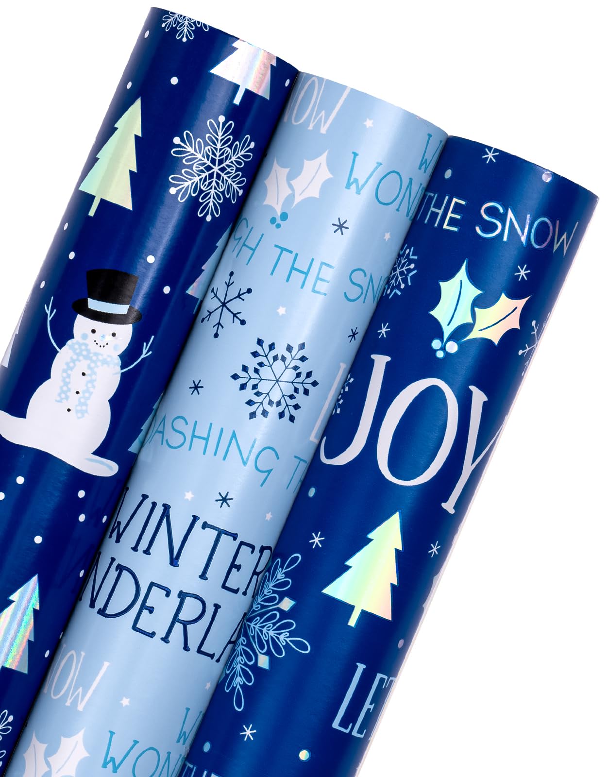 Christmas Wrapping Paper Roll - Mini Roll - 3 Rolls - 17 Inch x 120 Inch Per Roll - Blue and White Winter Wondland, Snowflake, Snowman Holiday Collection with Metallic Foil Shine