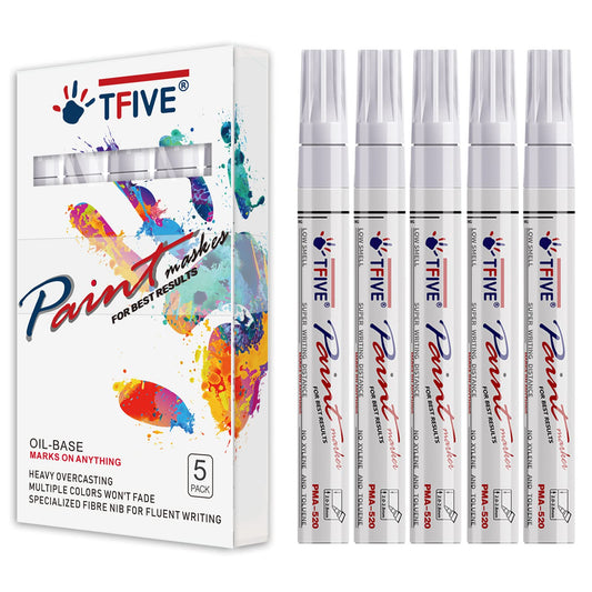 TFIVE White Paint Marker Paint Pens - 5 Pack Oil Based Permanent Marker Pen, Medium Tip, Waterproof & Quick Dry, for Office, Art projects, Rock Painting, Ceramic, Glass, Wood, Plastic, Metal, Canvas
