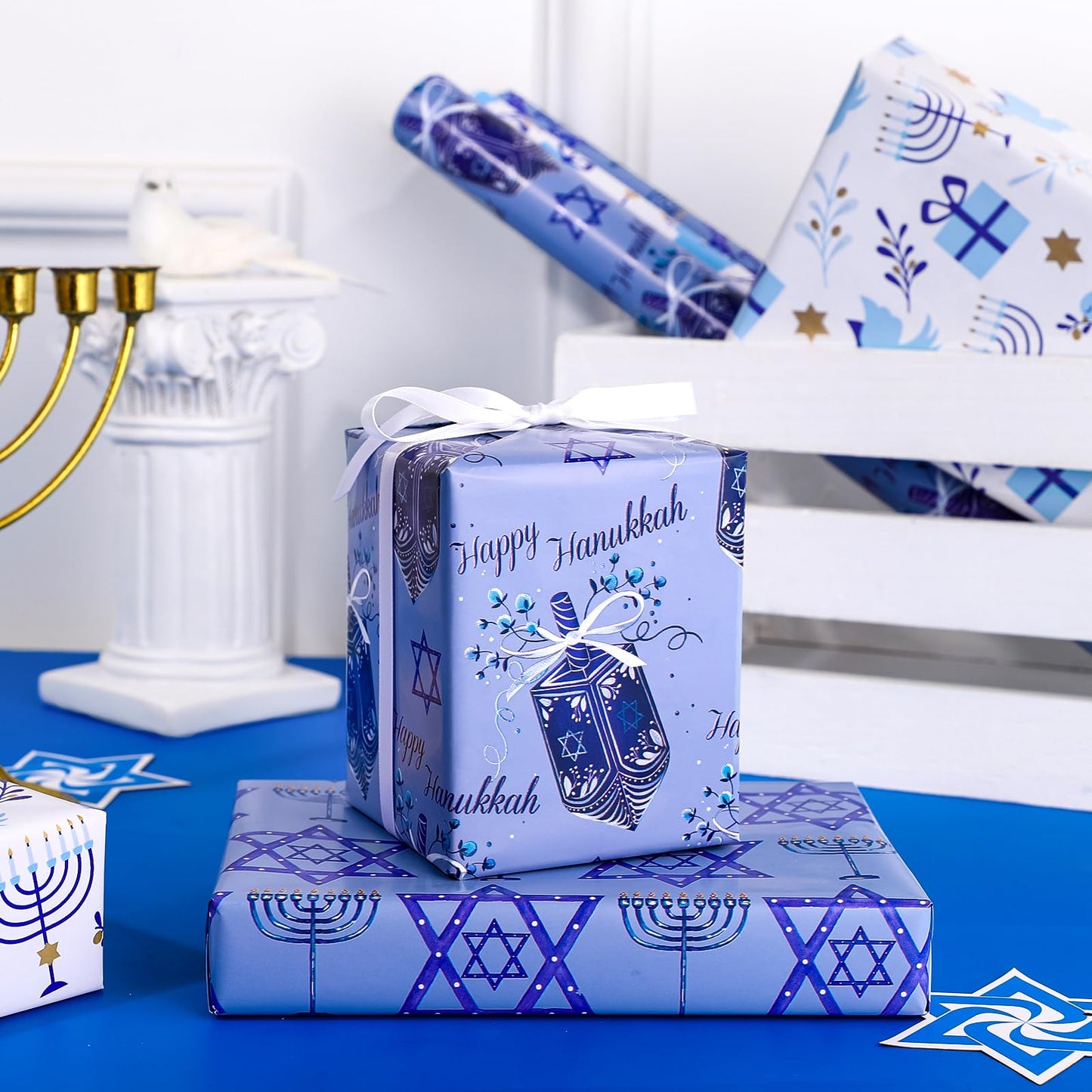 Hanukkah Wrapping Paper Roll - Mini Roll - 3 Rolls - 17 Inch x 120 Inch Per Roll - Menorah Lights, the Star of David and Dreidels Design