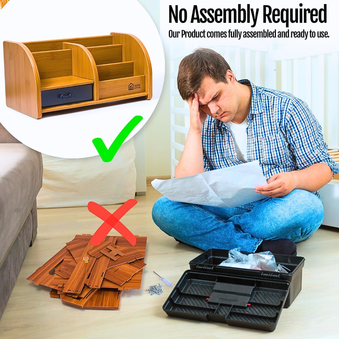 Desktop Organizer with Double-Slot Cell Phone Holder, Wooden Multifunctional Desk Storage Box with Drawer for Work from Home Office Supplies, Students, Desk Accessories, Phone Stand, Charging Station