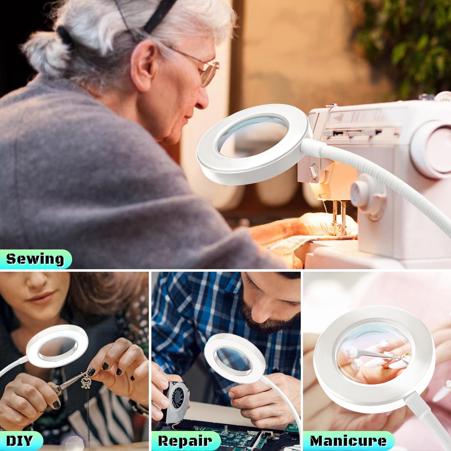 10X Magnifying Glass with Light, Clip on Mganifier with Light, 48 LED Desk Magnifying Glass wtih Clamp, 3 Modes Dimmable Magnifying LED Lamps for Bed Work Crafts DIY Repair White